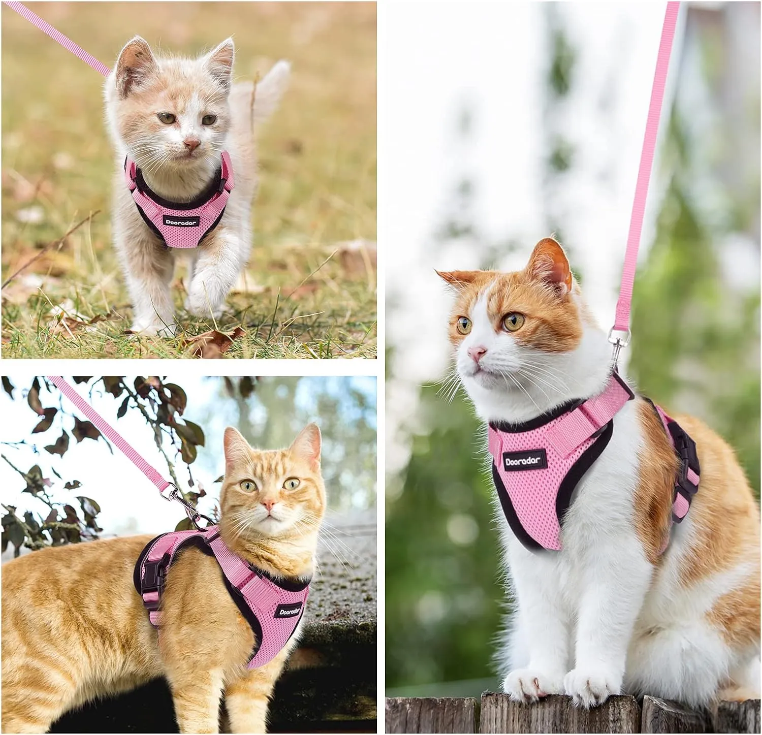Dooradar Cat Harness and Leash Set, Escape Proof Safe Adjustable Kitten Vest Harnesses for Walking, Easy Control Soft Breathable Mesh Jacket with Reflective Strips for Cats, Pink, XS