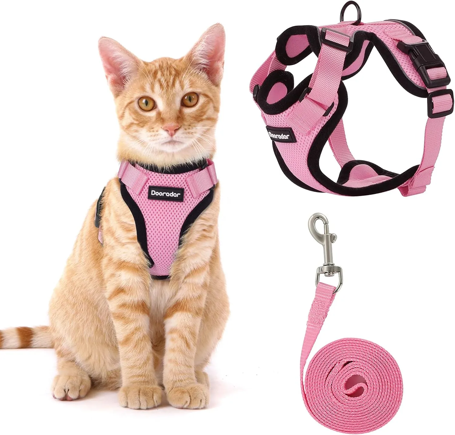 Dooradar Cat Harness and Leash Set, Escape Proof Safe Adjustable Kitten Vest Harnesses for Walking, Easy Control Soft Breathable Mesh Jacket with Reflective Strips for Cats, Pink, XS
