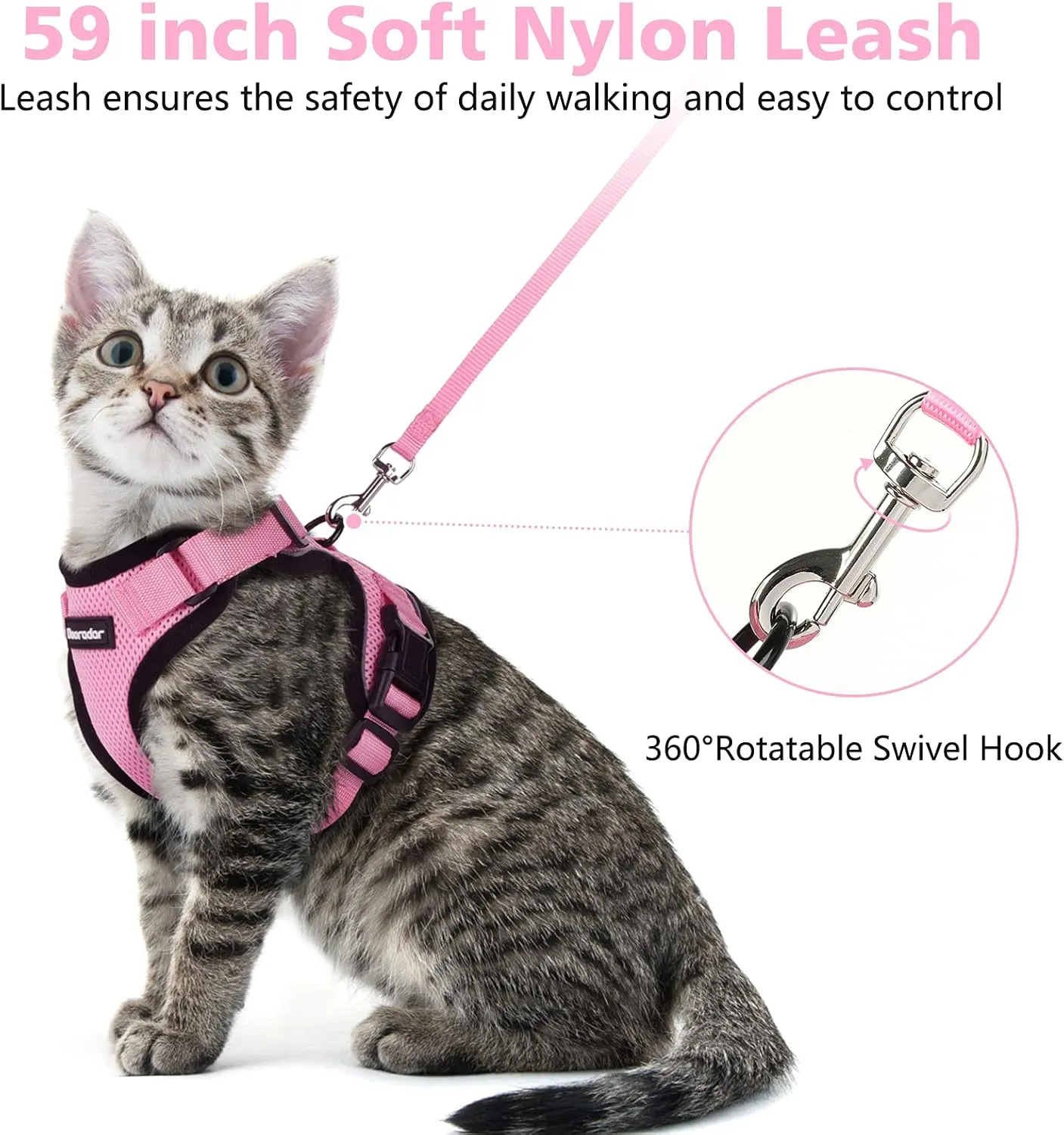 Dooradar Cat Harness and Leash Set, Escape Proof Safe Adjustable Kitten Vest Harnesses for Walking, Easy Control Soft Breathable Mesh Jacket with Reflective Strips for Cats, Pink, XS