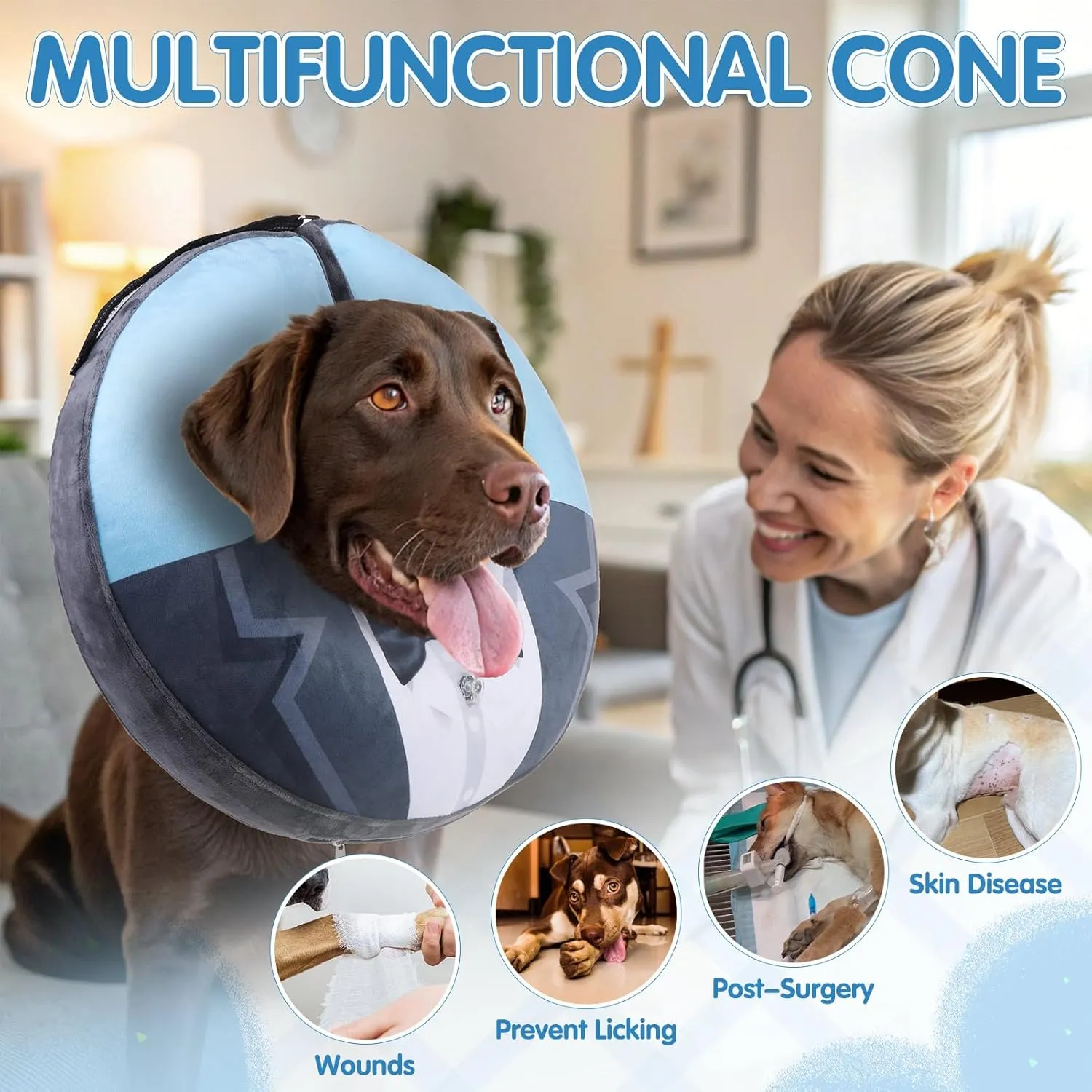 EXPAWLORER X-Large Widen Soft Dog Cone Collar - Inflatable Dog Neck Donut Collar Alternative After Surgery to Stop Licking,Adjustable Protective Recovery E Collar(Blue Suit)