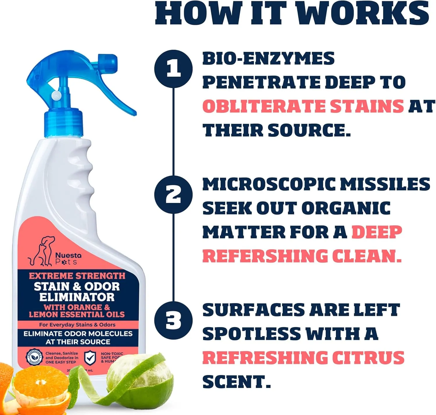 Extreme Strength Pet Stain & Odor Eliminator for Busy Pet Parents | Neutralize Tough Stains & Odors | Orange and Lemon for Deep Clean | Perfect for Cats & Dogs | 2-pk. 20-oz bottles - Nuesta Pets