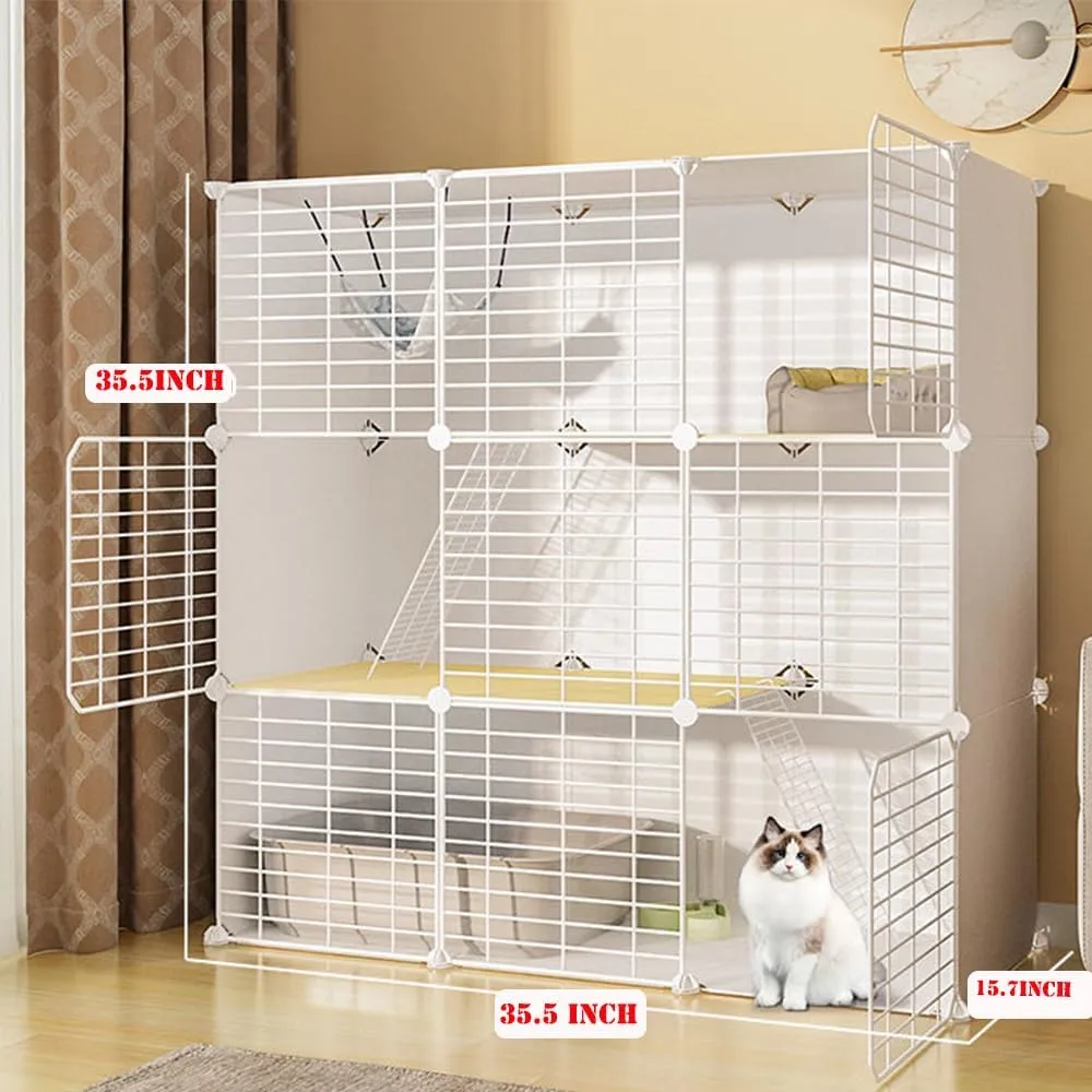 FDSDEFEN 3-Tier White Cat Cage Indoor DIY Playpen - Detachable Metal Wire Kennels Enclosure (3-Tier White)