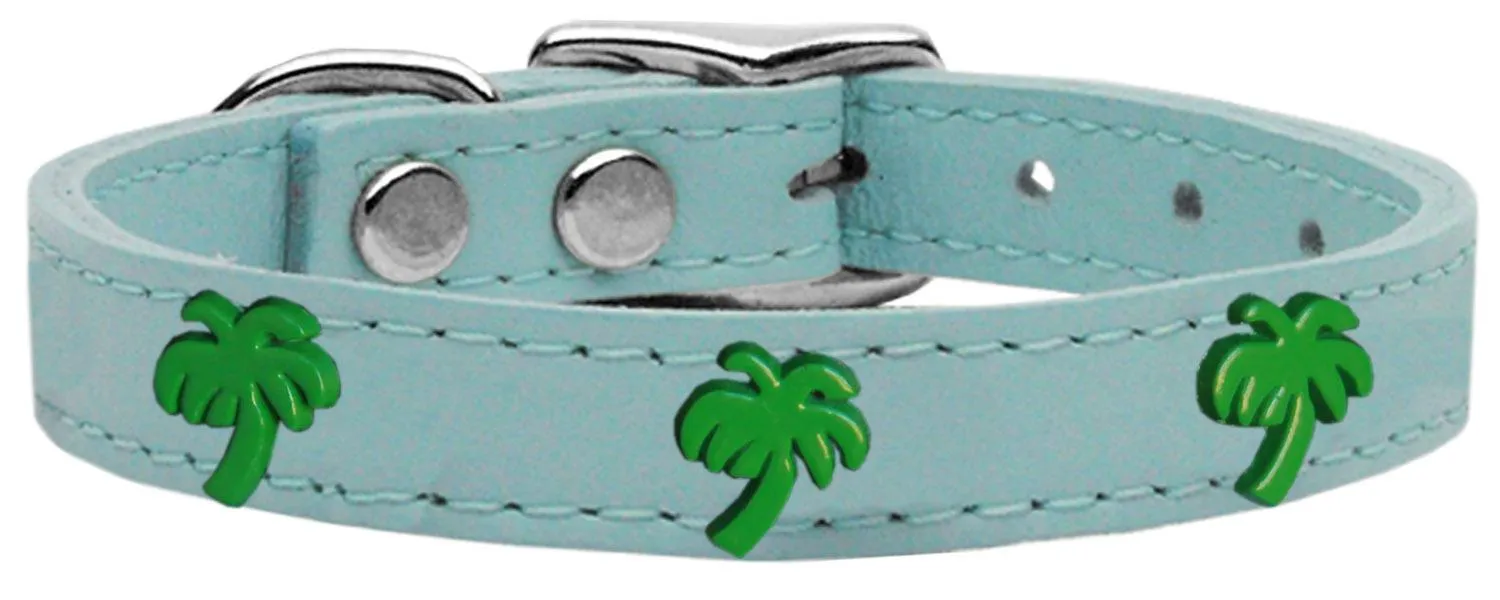 Green Palm Tree Widget Genuine Leather Dog Collar Baby Blue 22