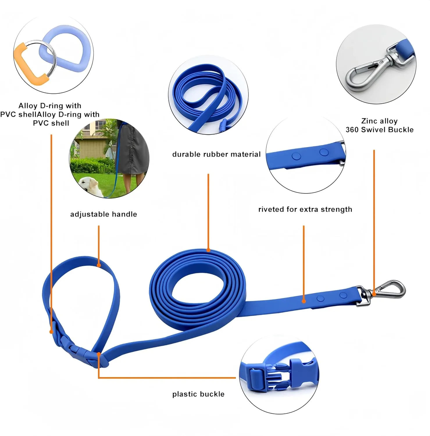 Hands Free Dog Leash, 4-7.5 FT PVC Waterproof Multifunctional Dog Leash Adjustable Lengths for Handless Walking Training Running with Cross Body, Over Shoulder, Waist and Belt Leash (Sky Blue)