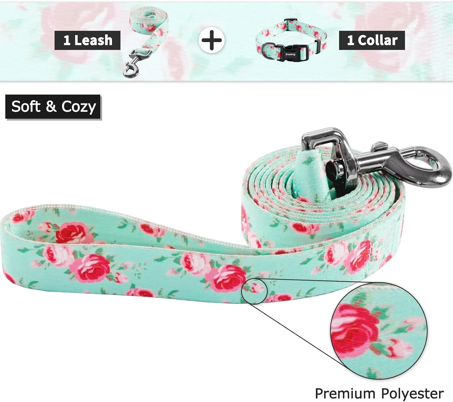 Ihoming Dog Collar and Leash Set for Daily Outdoor Walking Running Training, Floral Spring Design for Medium Boys Girls Dogs Cats Pets, M-Up to 45LBS