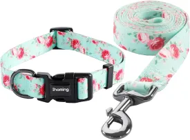 Ihoming Dog Collar and Leash Set for Daily Outdoor Walking Running Training, Floral Spring Design for Medium Boys Girls Dogs Cats Pets, M-Up to 45LBS