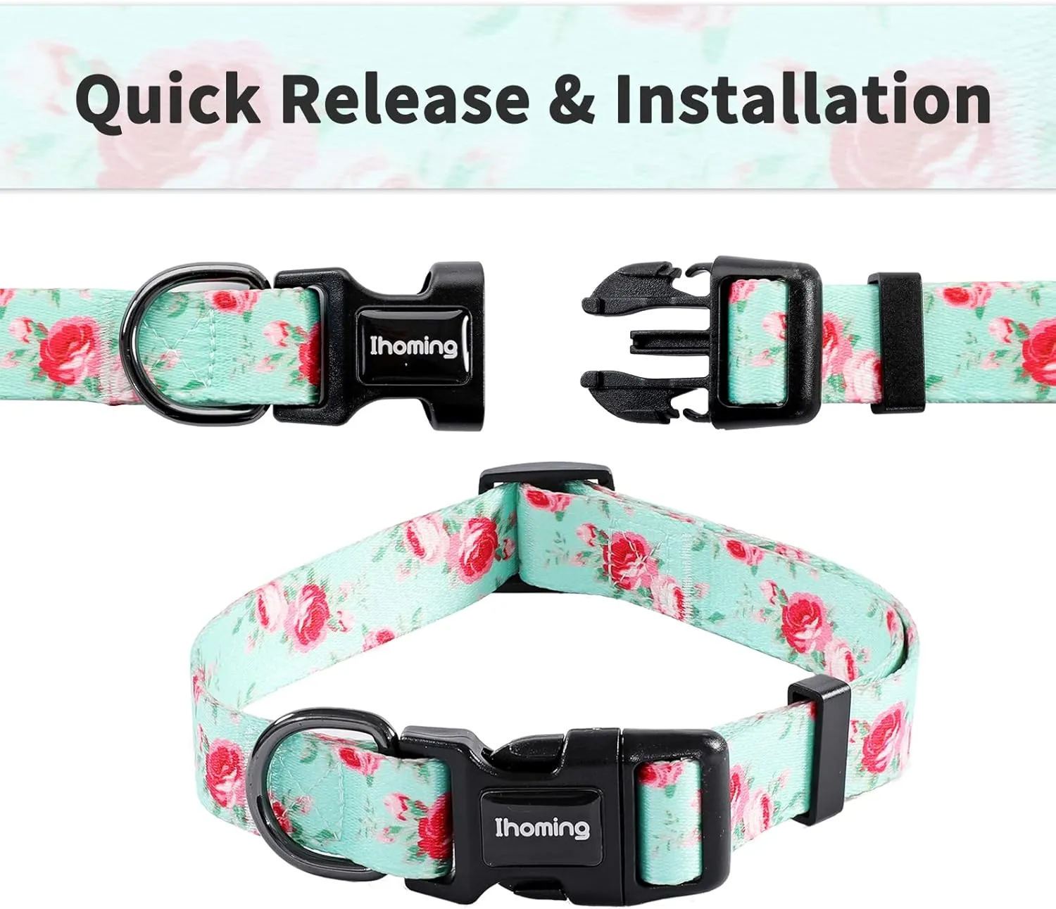 Ihoming Dog Collar and Leash Set for Daily Outdoor Walking Running Training, Floral Spring Design for Medium Boys Girls Dogs Cats Pets, M-Up to 45LBS
