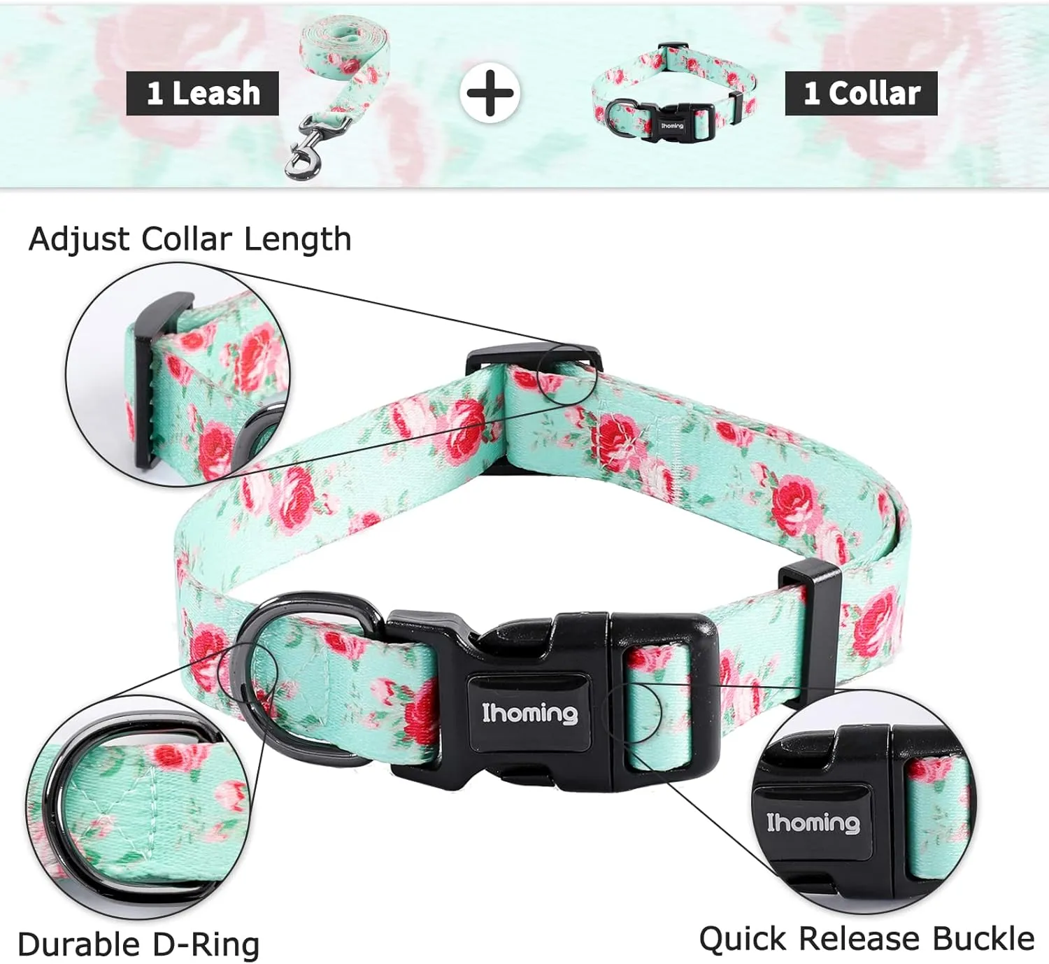 Ihoming Dog Collar and Leash Set for Daily Outdoor Walking Running Training, Floral Spring Design for Medium Boys Girls Dogs Cats Pets, M-Up to 45LBS