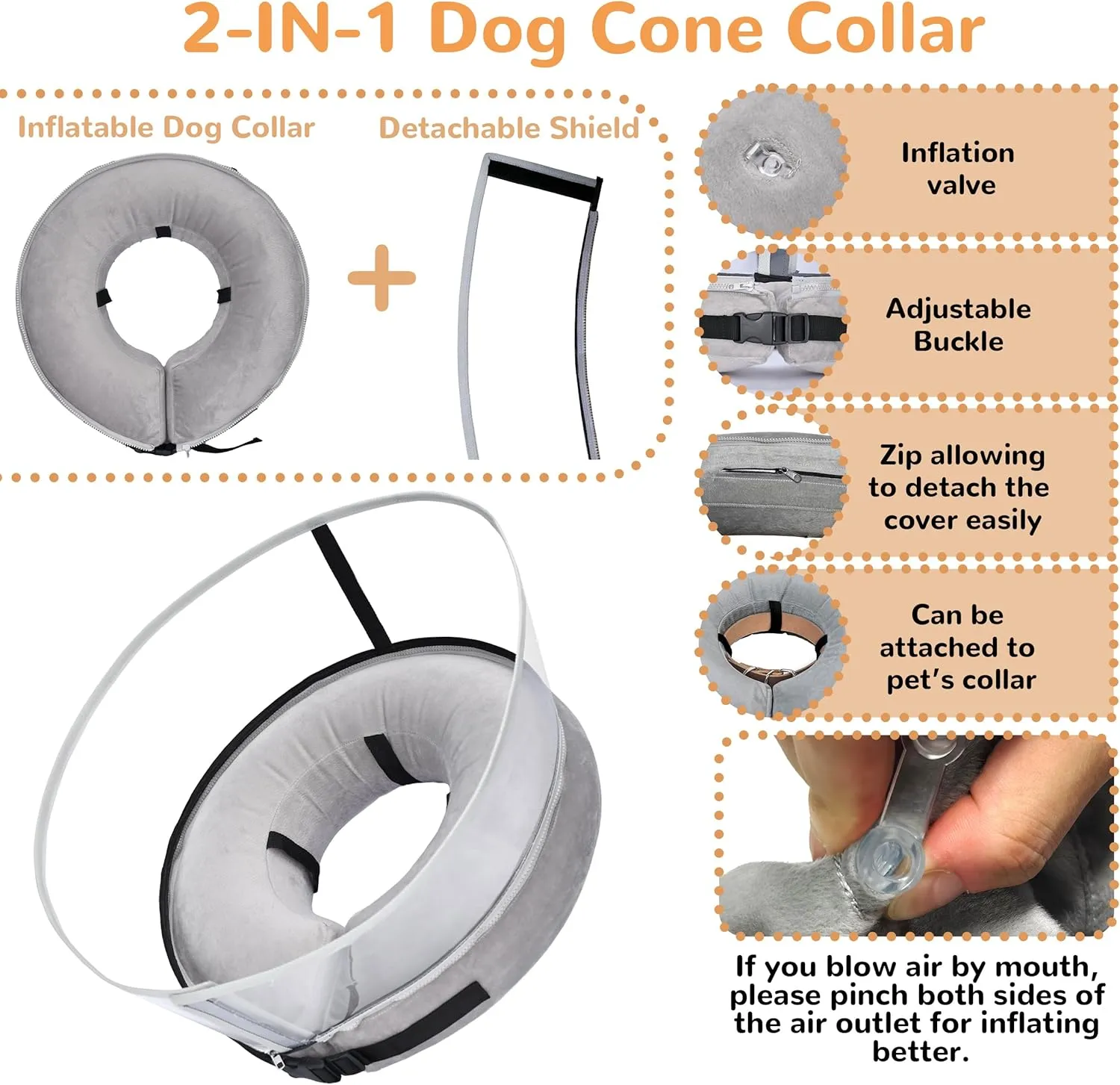 Inflatable Dog Cone Collar Alternative - 2-in-1 Recovery Collar With Detachable Shield to Stop Licking, Soft Donut Cone for Small Medium Large Dogs After Surgery