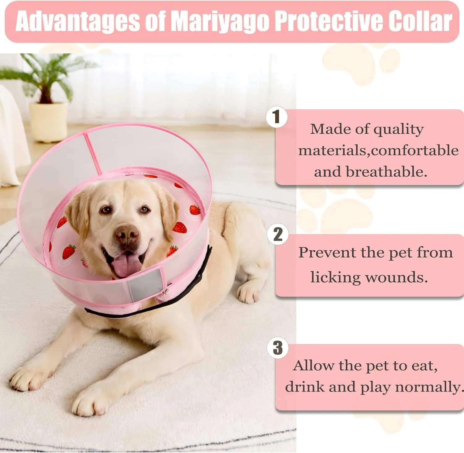 Inflatable Dog Cone Collar for Large Medium Small Dogs, Soft Dog Donut Collar Adjustable Recovery Cone for Pets After Surgery, Extra Enhanced Anti-Licking Guard Shield (Strawberry Print, Medium Plus)