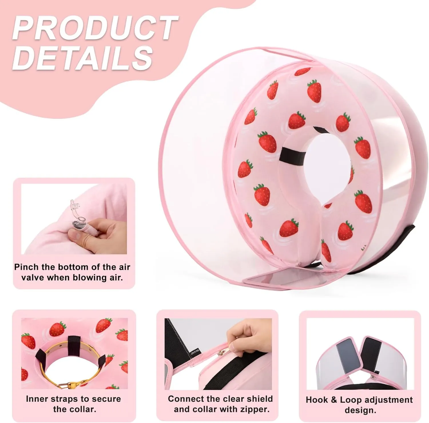 Inflatable Dog Cone Collar for Large Medium Small Dogs, Soft Dog Donut Collar Adjustable Recovery Cone for Pets After Surgery, Extra Enhanced Anti-Licking Guard Shield (Strawberry Print, Medium Plus)