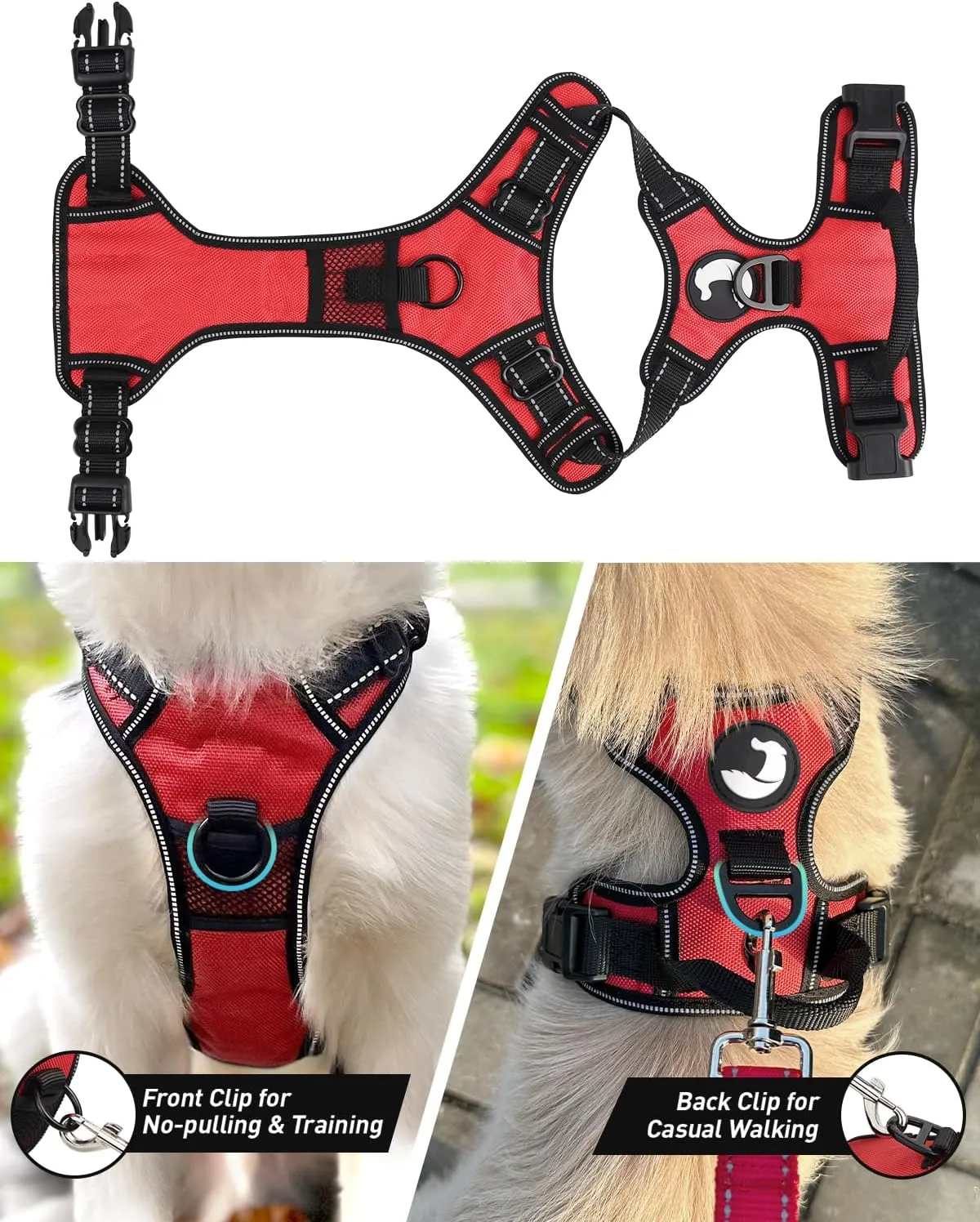 Joytale No Pull Dog Harness for Large Dogs, Reflective Pet Vest with 2 Leash Clips, Adjustable Soft Padded Harnesses with Easy Control Handle for Training and Walking, Red, L
