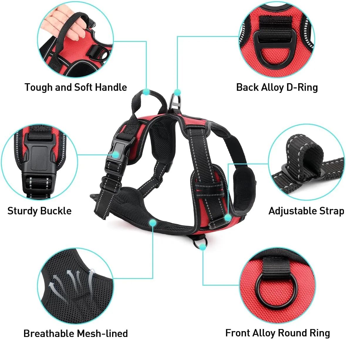 Joytale No Pull Dog Harness for Large Dogs, Reflective Pet Vest with 2 Leash Clips, Adjustable Soft Padded Harnesses with Easy Control Handle for Training and Walking, Red, L