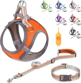 JSXD Puppy Harness, Adjustable Leash and Collar Set, Step-in Dog Harness, 3M Reflective Pet Dog Vest for Small Medium Puppy (S:Neck 11.8-12.6"|Chest 14.2-17.3", Orange)