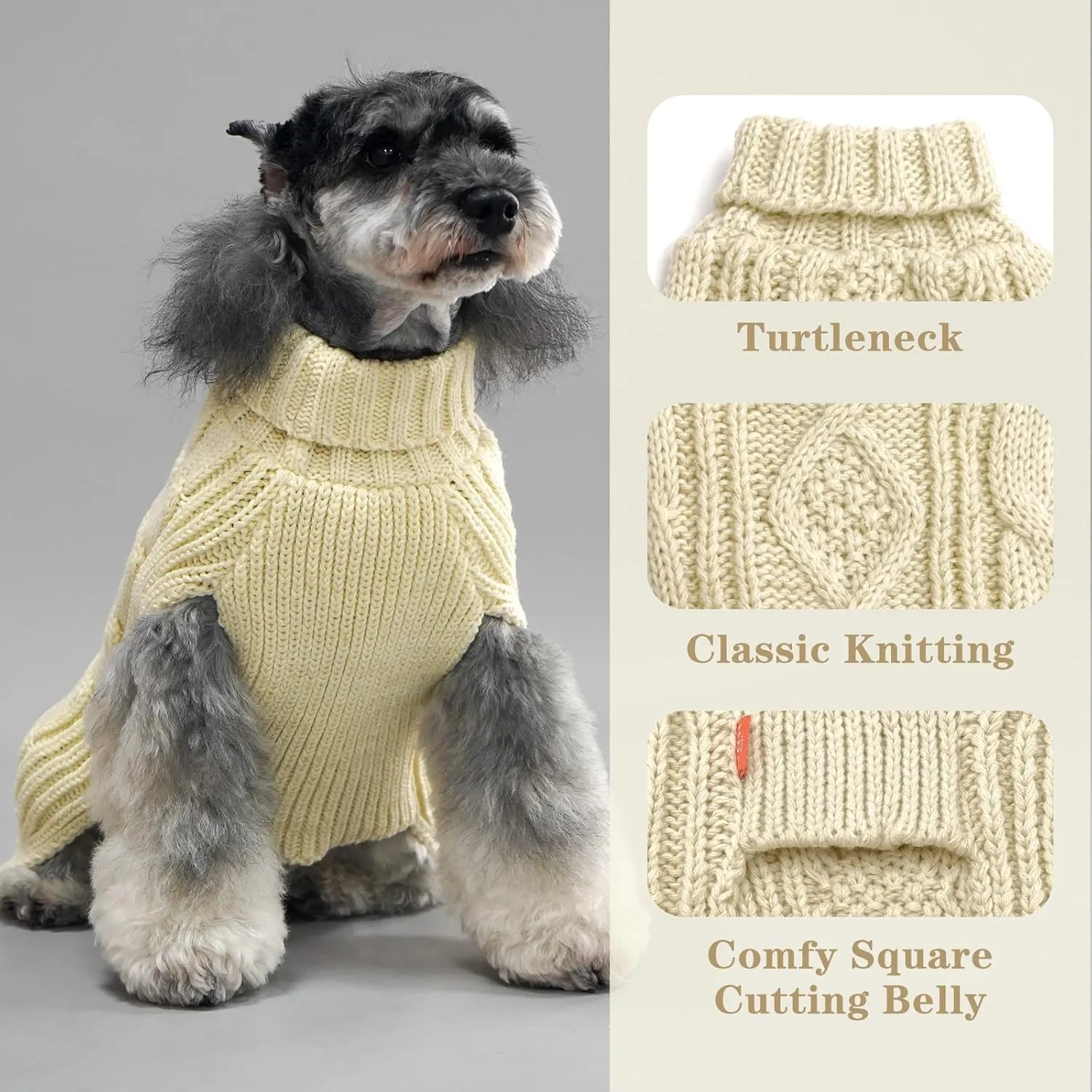KYEESE Dog Sweaters for Small Dogs Turtleneck Dog Cable Knit Pet Sweater with Golden Thread for Cold Weather, Beige, Medium
