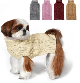 KYEESE Dog Sweaters for Small Dogs Turtleneck Dog Cable Knit Pet Sweater with Golden Thread for Cold Weather, Beige, Medium