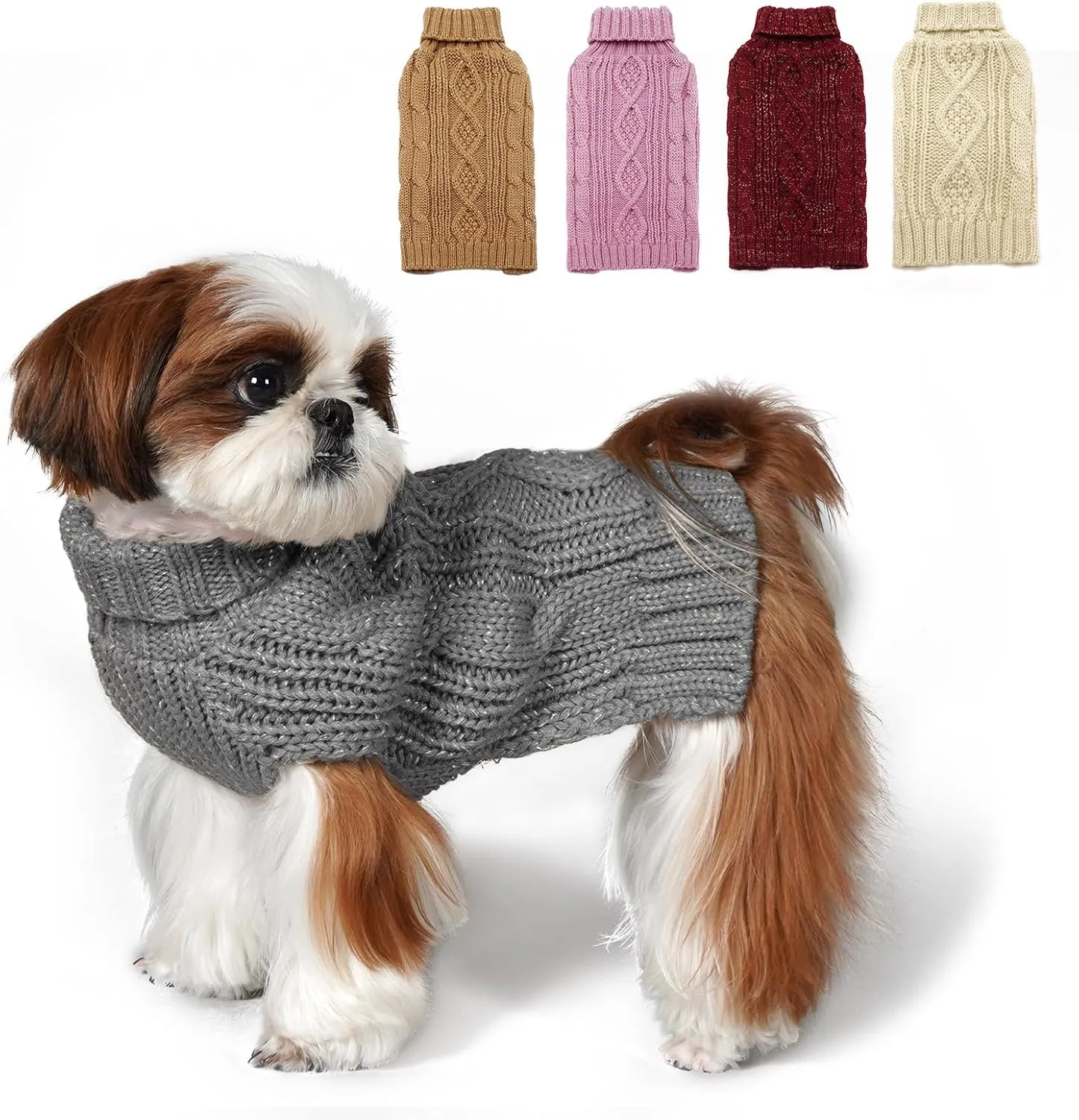 KYEESE Dog Sweaters for Small Dogs Turtleneck Dog Cable Knit Pet Sweater with Golden Thread for Cold Weather, Grey, Medium