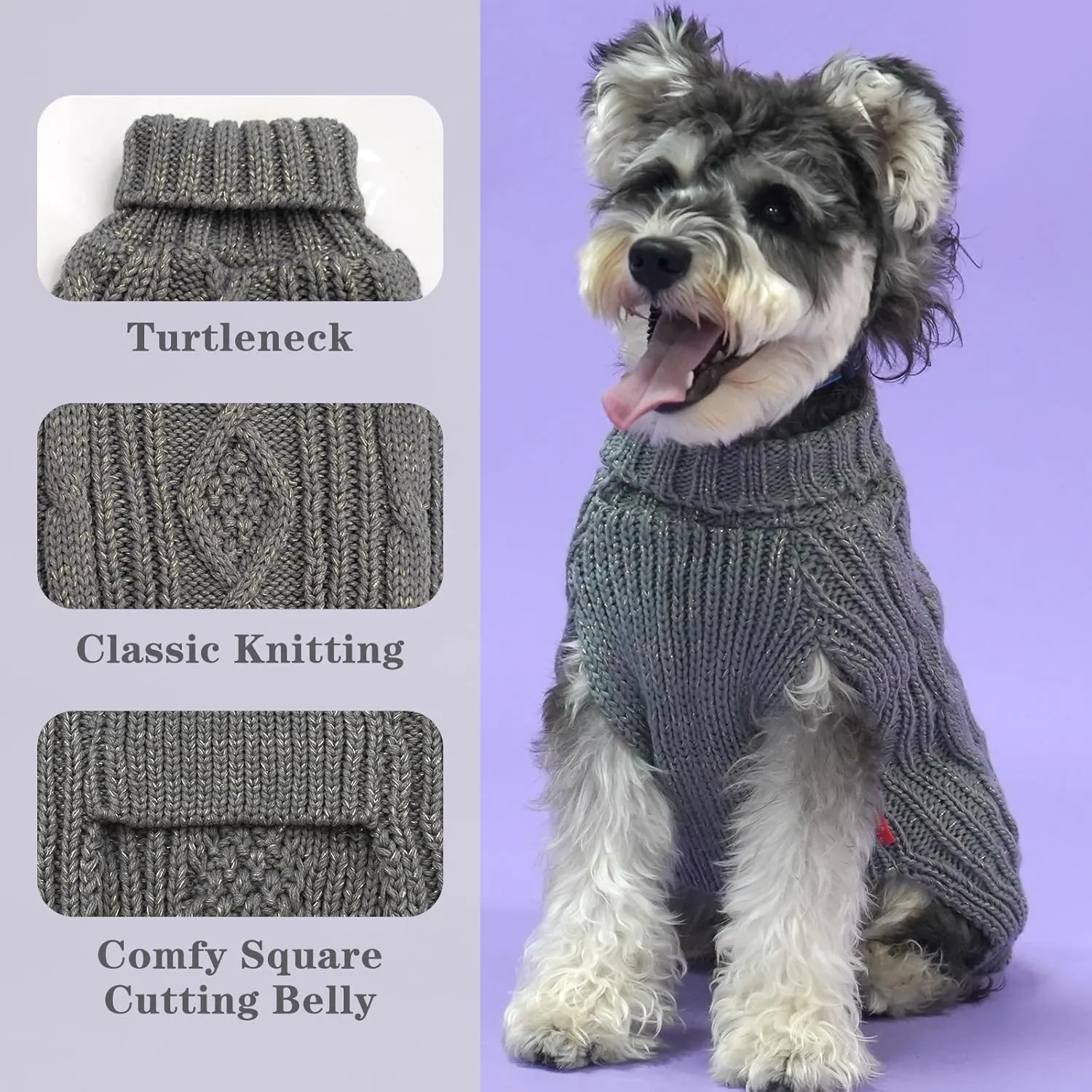 KYEESE Dog Sweaters for Small Dogs Turtleneck Dog Cable Knit Pet Sweater with Golden Thread for Cold Weather, Grey, Medium