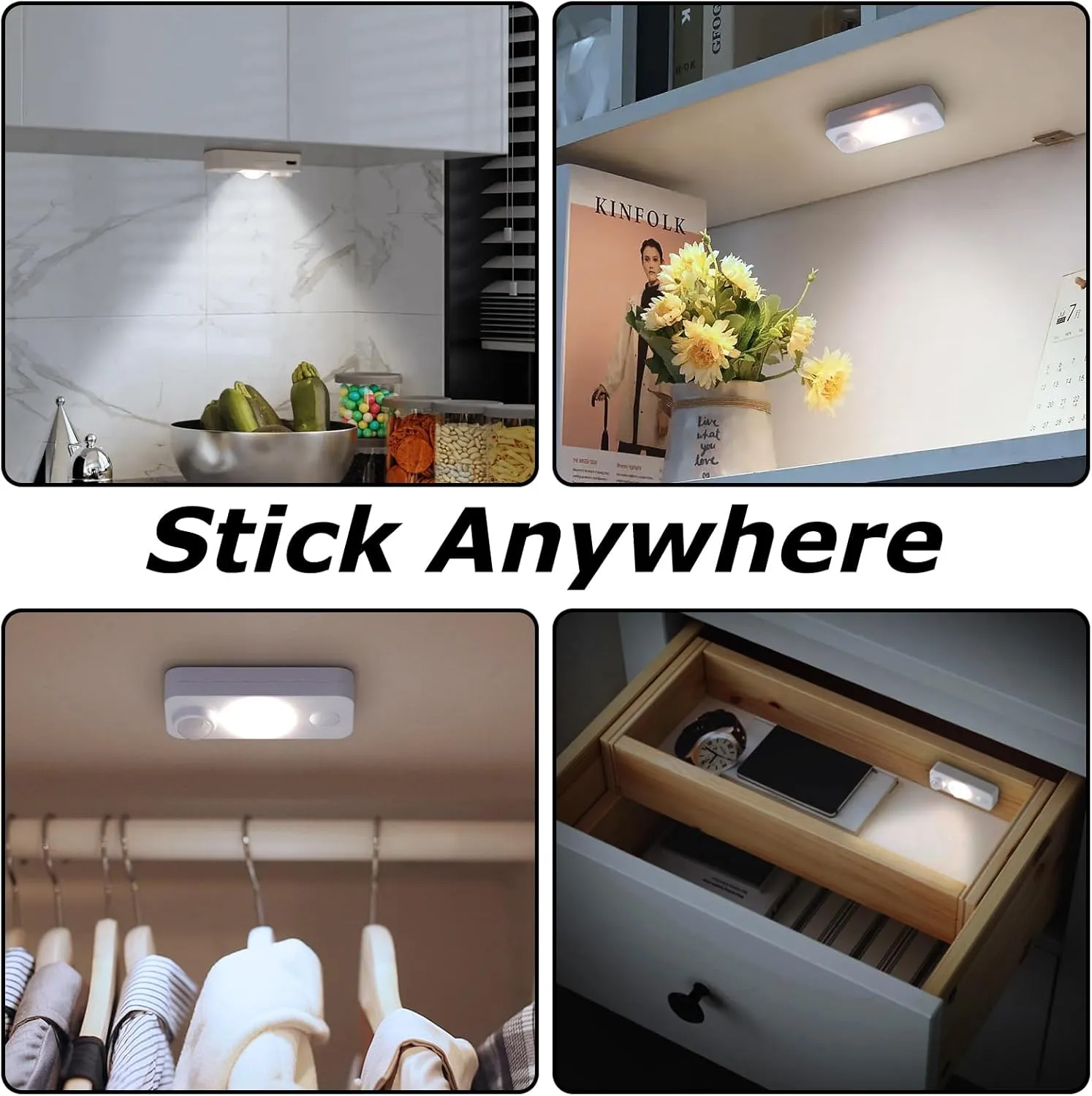 LED Motion Sensor Puck Lights, Rechargeable Cabinet Lights, Stick on Wireless LED Night Light for Closet, Drawer, Shelf, Under Cabinet, Daylight White 8Pack, USB Charging Cord Included