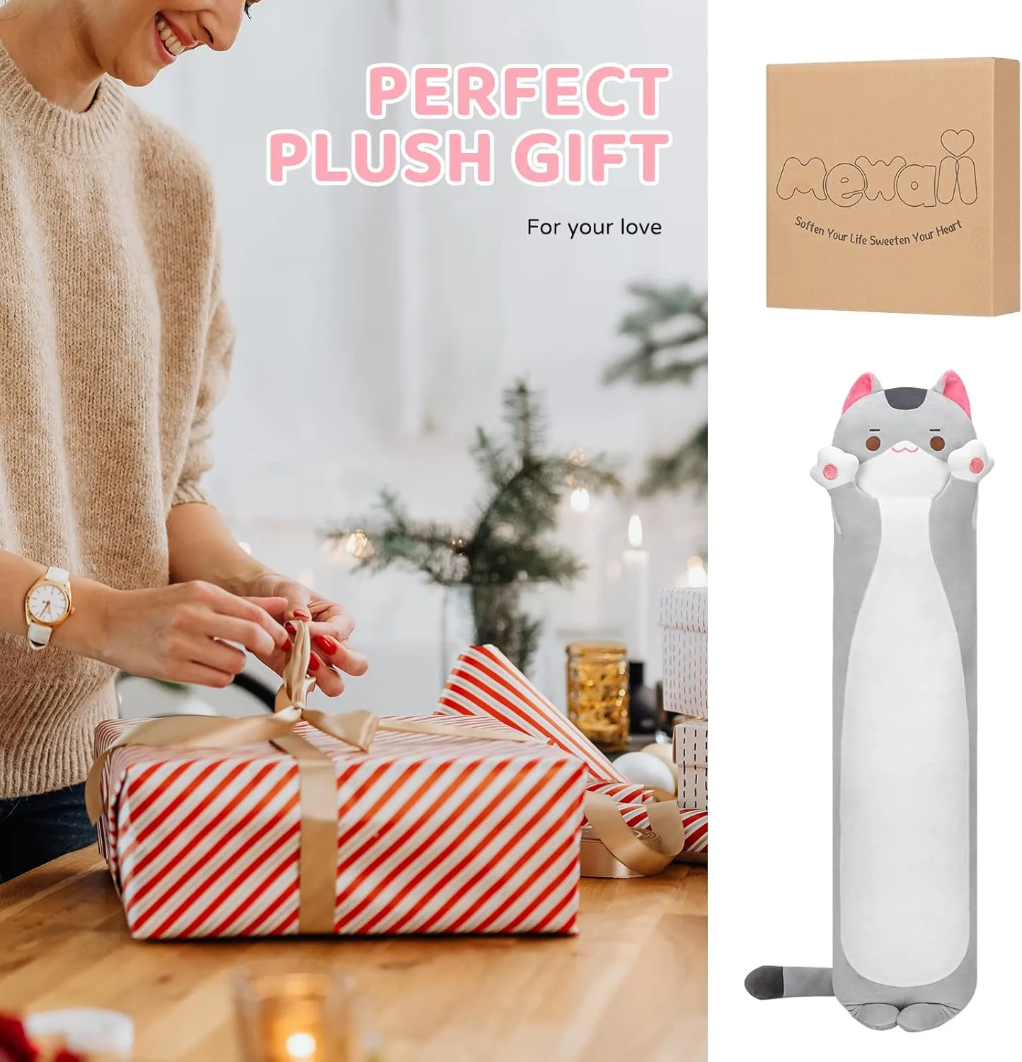 Long Cat Plush Cat Body Pillow, 44 Inch Cute Gray Cat Stuffed Animals Soft Plushies, Kitten Kawaii Plush Throw Pillow Doll Toy Gift for Girlfriend