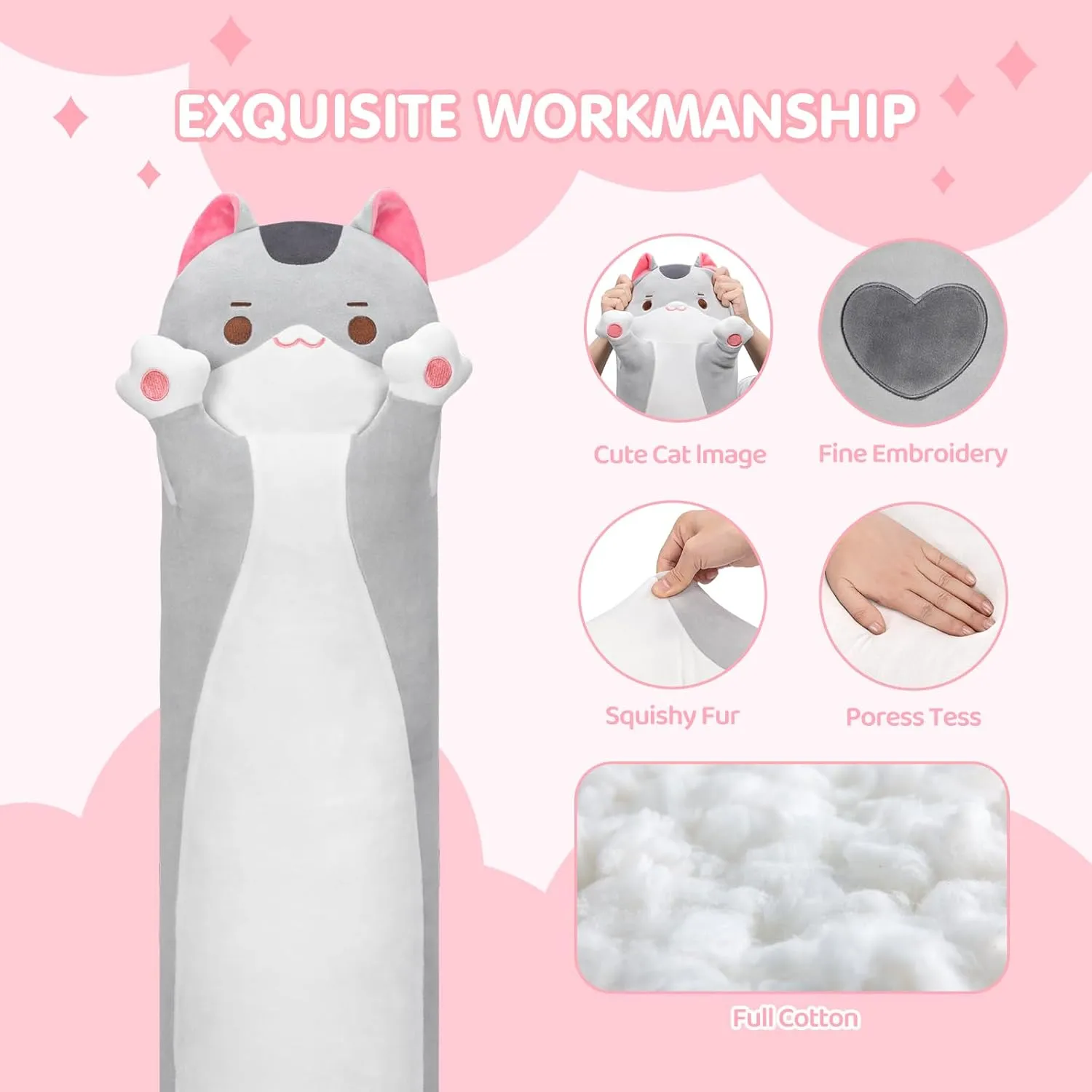 Long Cat Plush Cat Body Pillow, 44 Inch Cute Gray Cat Stuffed Animals Soft Plushies, Kitten Kawaii Plush Throw Pillow Doll Toy Gift for Girlfriend