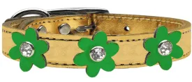 Metallic Flower Leather Collar Gold With Metallic Emerald Green Flowers Size 10