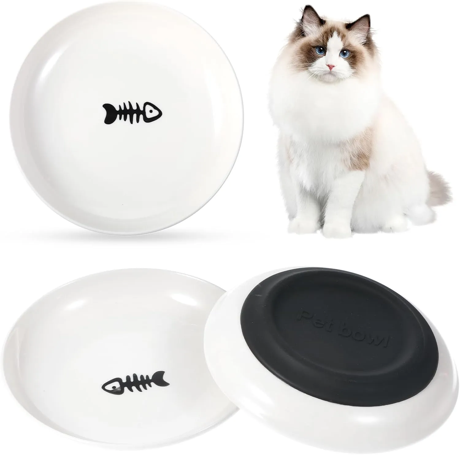 Molain 3 Pack Cat Bowls, Ceramic Cat Dishes for Indoor Cats, Whisker Friendly Cat Bowls with Non-Slip Silicone Bottom, Shallow Cat Plates for Food and Water, Cat Food Dishes