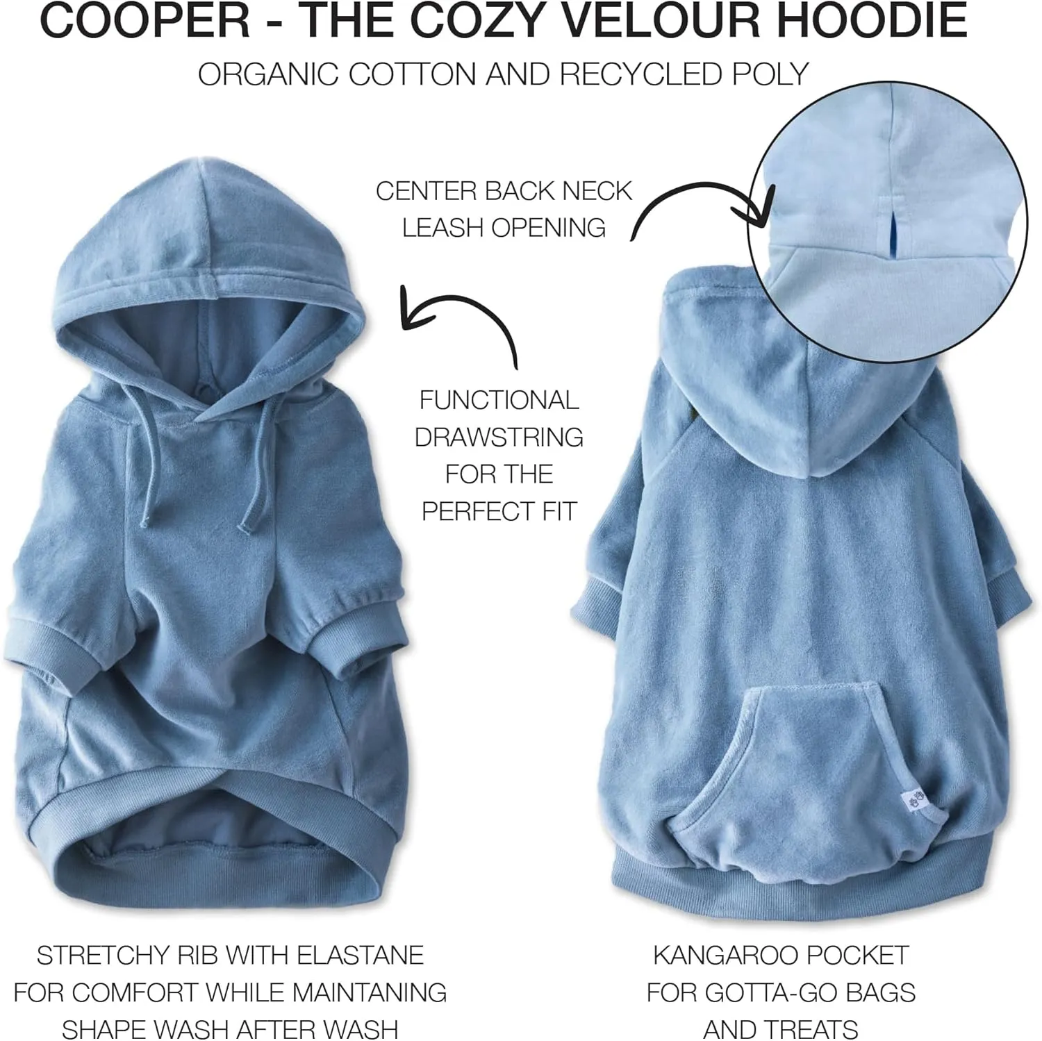 Organic Cotton Velour Dog Hoodie Pet Coat for Small, Medium and Large Dogs, Faded Denim, X-Small