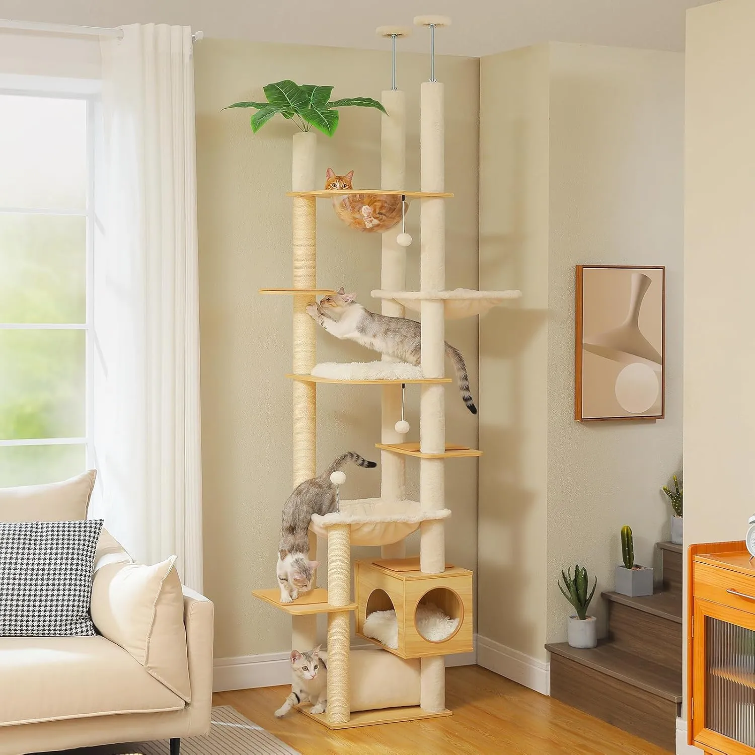 PEQULTI Floor to Ceiling Cat Tree 93.3-100.8 Height Adjustable Wooden Cat Tower Tall Climbing Play House with Scratching Posts, Cozy Condo, Perches and Large Hammock for Indoor Cats Beige