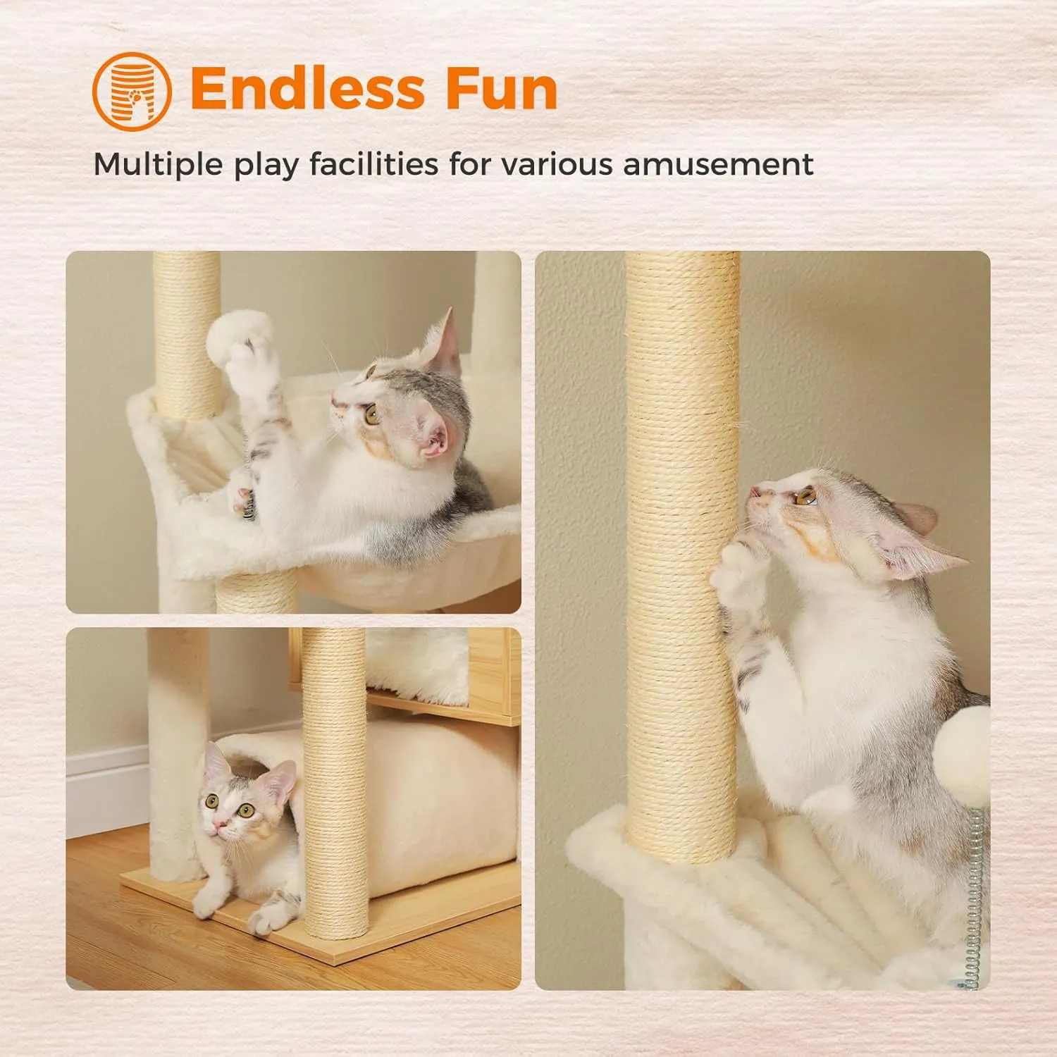 PEQULTI Floor to Ceiling Cat Tree 93.3-100.8 Height Adjustable Wooden Cat Tower Tall Climbing Play House with Scratching Posts, Cozy Condo, Perches and Large Hammock for Indoor Cats Beige