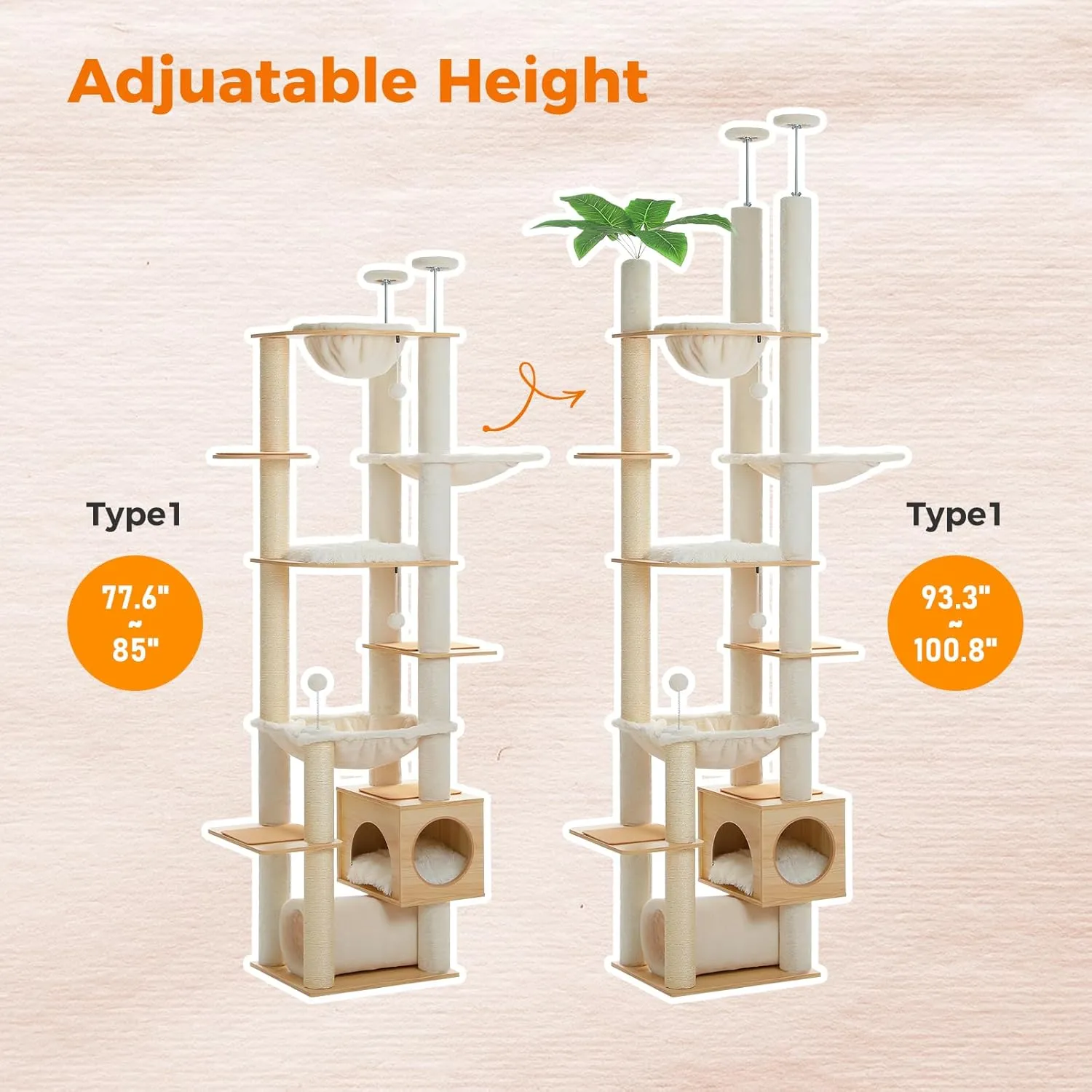 PEQULTI Floor to Ceiling Cat Tree 93.3-100.8 Height Adjustable Wooden Cat Tower Tall Climbing Play House with Scratching Posts, Cozy Condo, Perches and Large Hammock for Indoor Cats Beige