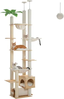PEQULTI Floor to Ceiling Cat Tree 93.3-100.8 Height Adjustable Wooden Cat Tower Tall Climbing Play House with Scratching Posts, Cozy Condo, Perches and Large Hammock for Indoor Cats Beige