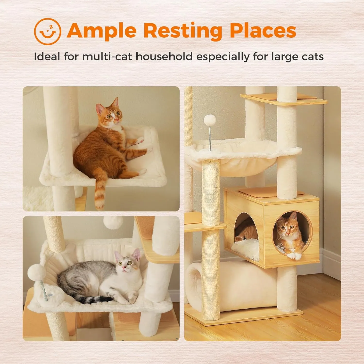 PEQULTI Floor to Ceiling Cat Tree 93.3-100.8 Height Adjustable Wooden Cat Tower Tall Climbing Play House with Scratching Posts, Cozy Condo, Perches and Large Hammock for Indoor Cats Beige