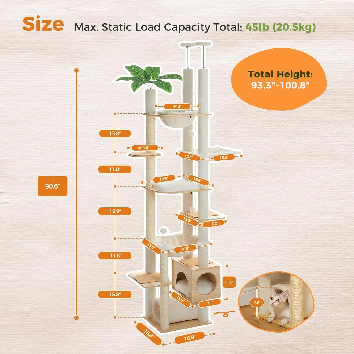 PEQULTI Floor to Ceiling Cat Tree 93.3-100.8 Height Adjustable Wooden Cat Tower Tall Climbing Play House with Scratching Posts, Cozy Condo, Perches and Large Hammock for Indoor Cats Beige