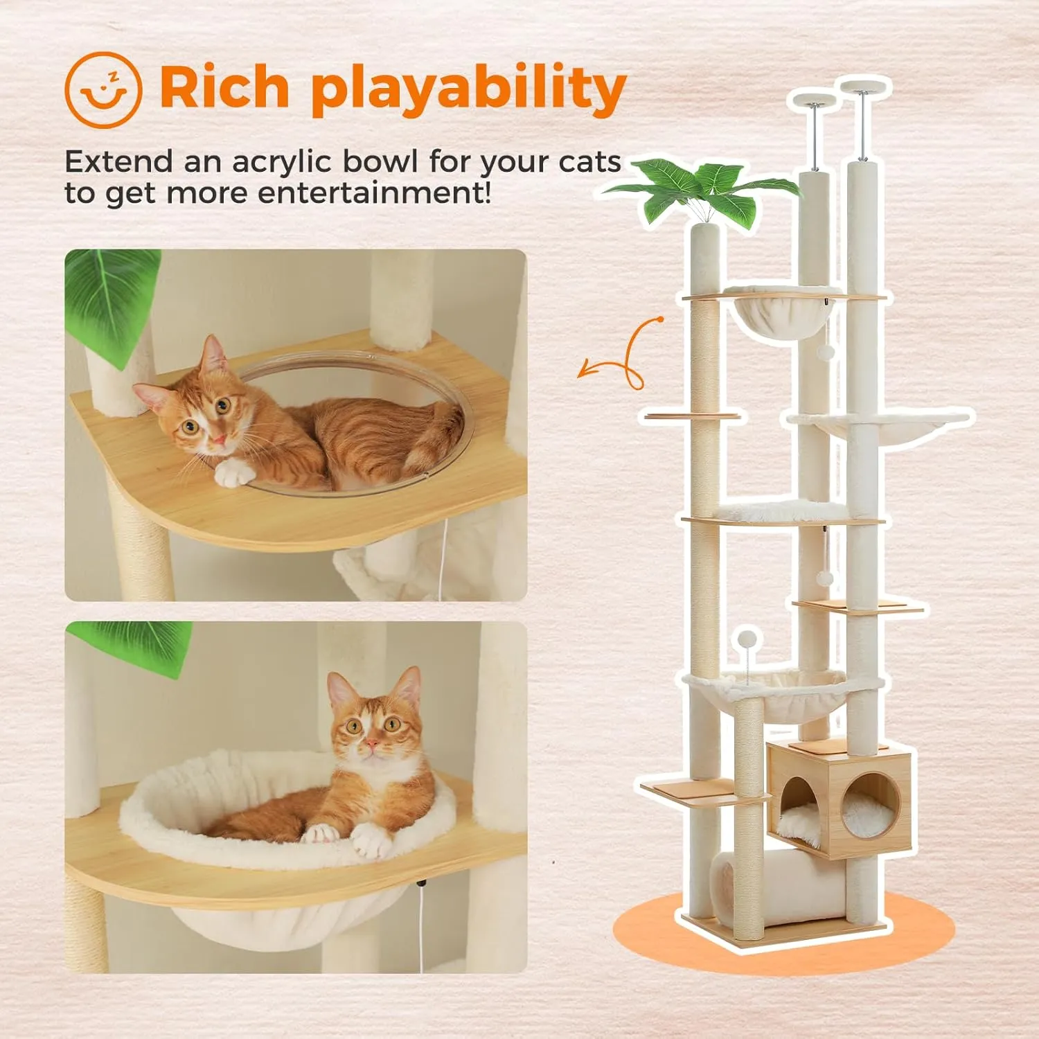 PEQULTI Floor to Ceiling Cat Tree 93.3-100.8 Height Adjustable Wooden Cat Tower Tall Climbing Play House with Scratching Posts, Cozy Condo, Perches and Large Hammock for Indoor Cats Beige