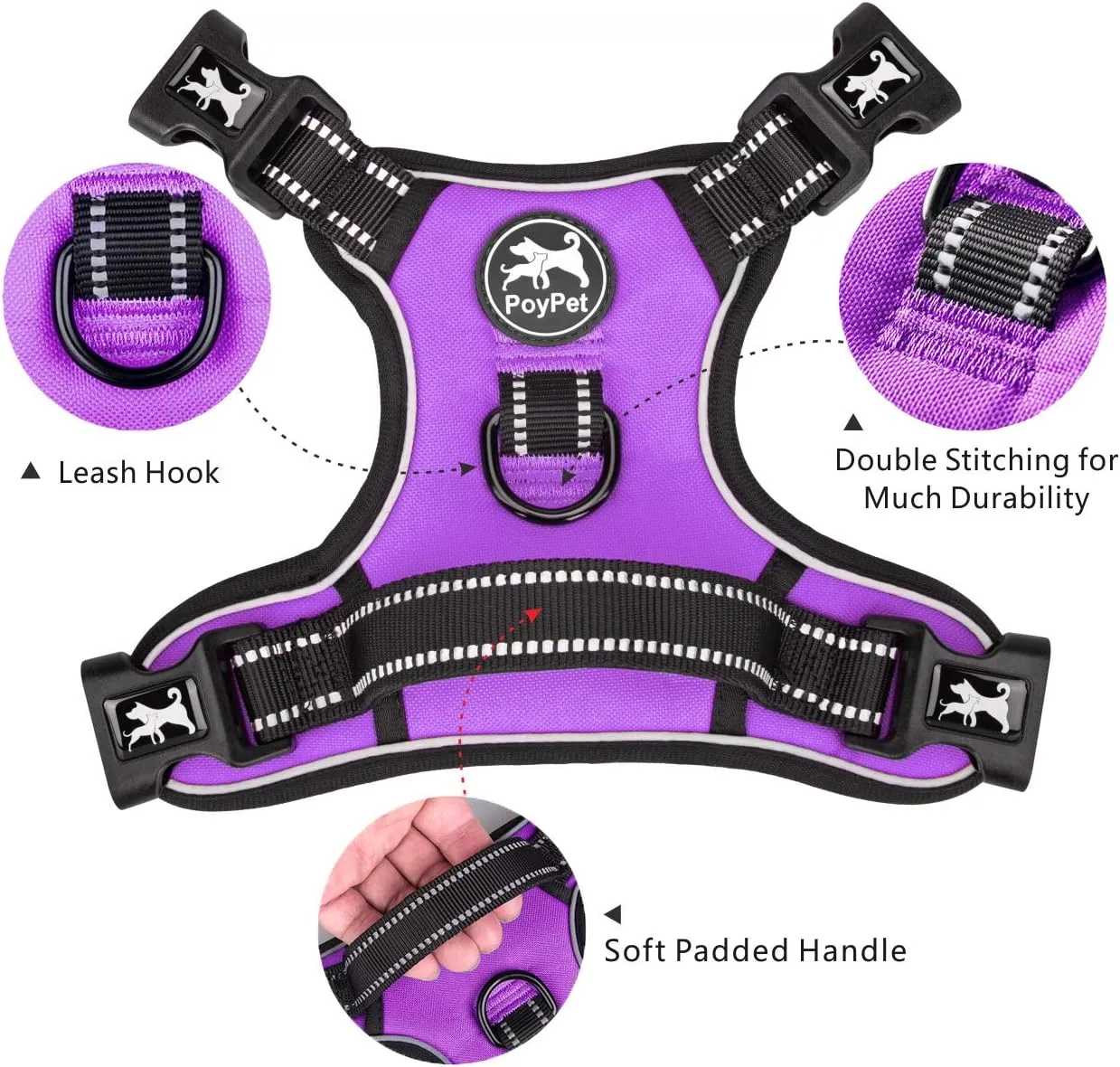 PoyPet 2019 Upgraded No Pull Dog Harness with 4 Snap Buckles, Reflective with Front & Back 2 Leash Hooks and an Easy Control Handle [NO Need Go Over Dogs Head] (Purple,M)