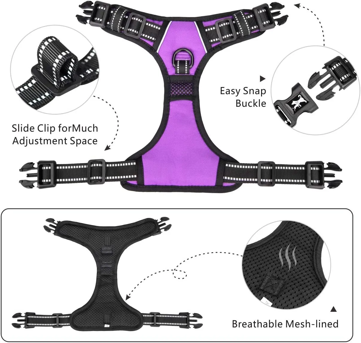 PoyPet 2019 Upgraded No Pull Dog Harness with 4 Snap Buckles, Reflective with Front & Back 2 Leash Hooks and an Easy Control Handle [NO Need Go Over Dogs Head] (Purple,M)