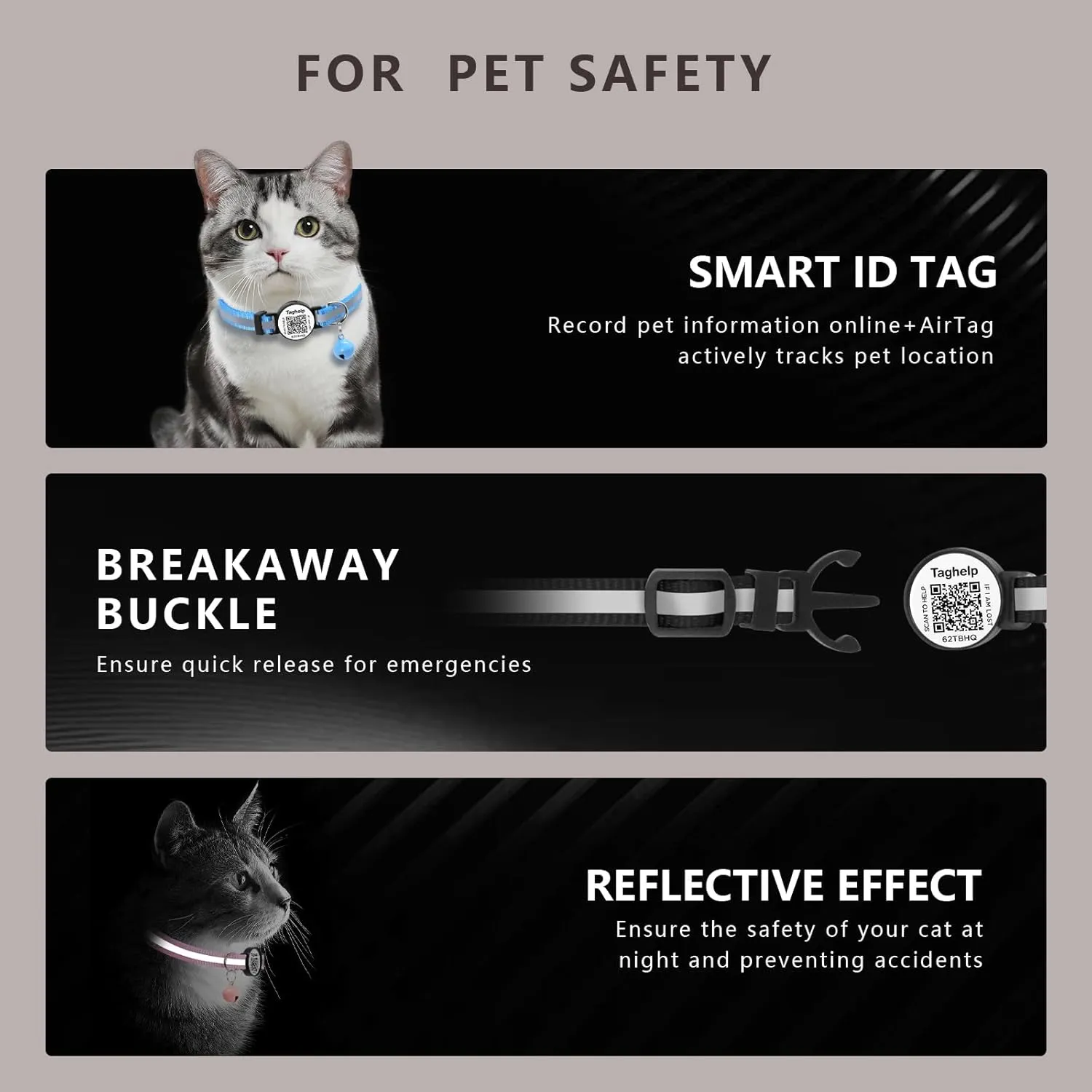 Reflective Kitten Collars with Bell,Cat Collar Breakaway with QR Code Name Tag, Cat ID Tag Personalized, Ultra-Durable, Adjustable, Quick Release, Fits Most Girl Boy Small Large Cats (Black A)