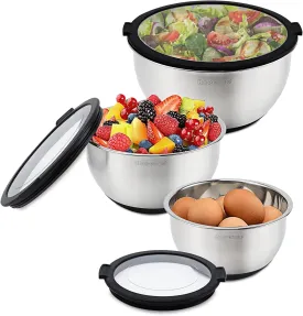 Rorence Stainless Steel Mixing Bowls with Transparent Lids Set, Nesting Metal Salad Bowls with Non-slip Silicone Bottom for Kitchen, Set of 3-1.5QT, 3QT, 5QT, Dishwasher Safe, Black