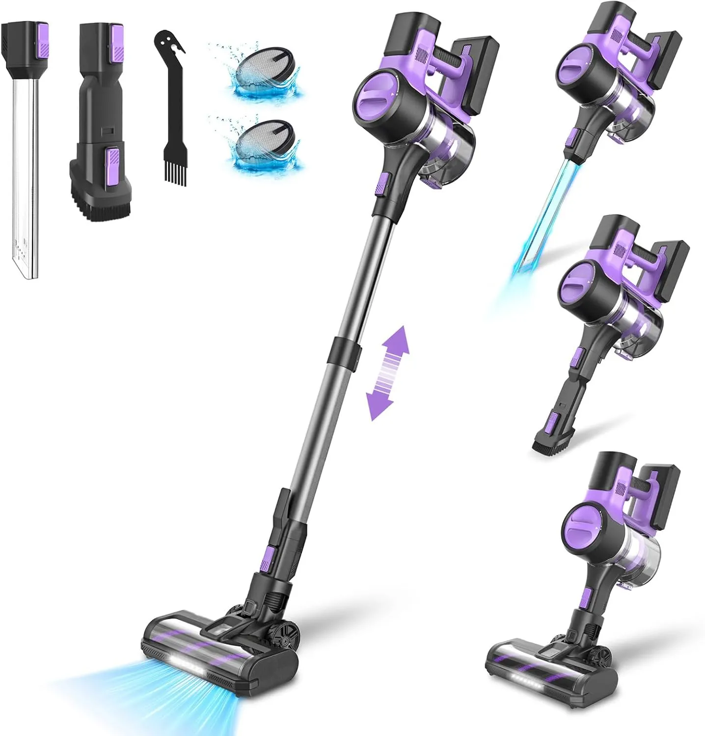 S10 Cordless Vacuum Cleaner, 30Kpa 350W Powerful, Max 50min Runtime, 1.2L Dustbin, Purple, Stick Vacuum, Ideal for Hardwood, Tile, Carpet, Pet Hair, Multifunctional, Lightweight, 3 Suction Modes