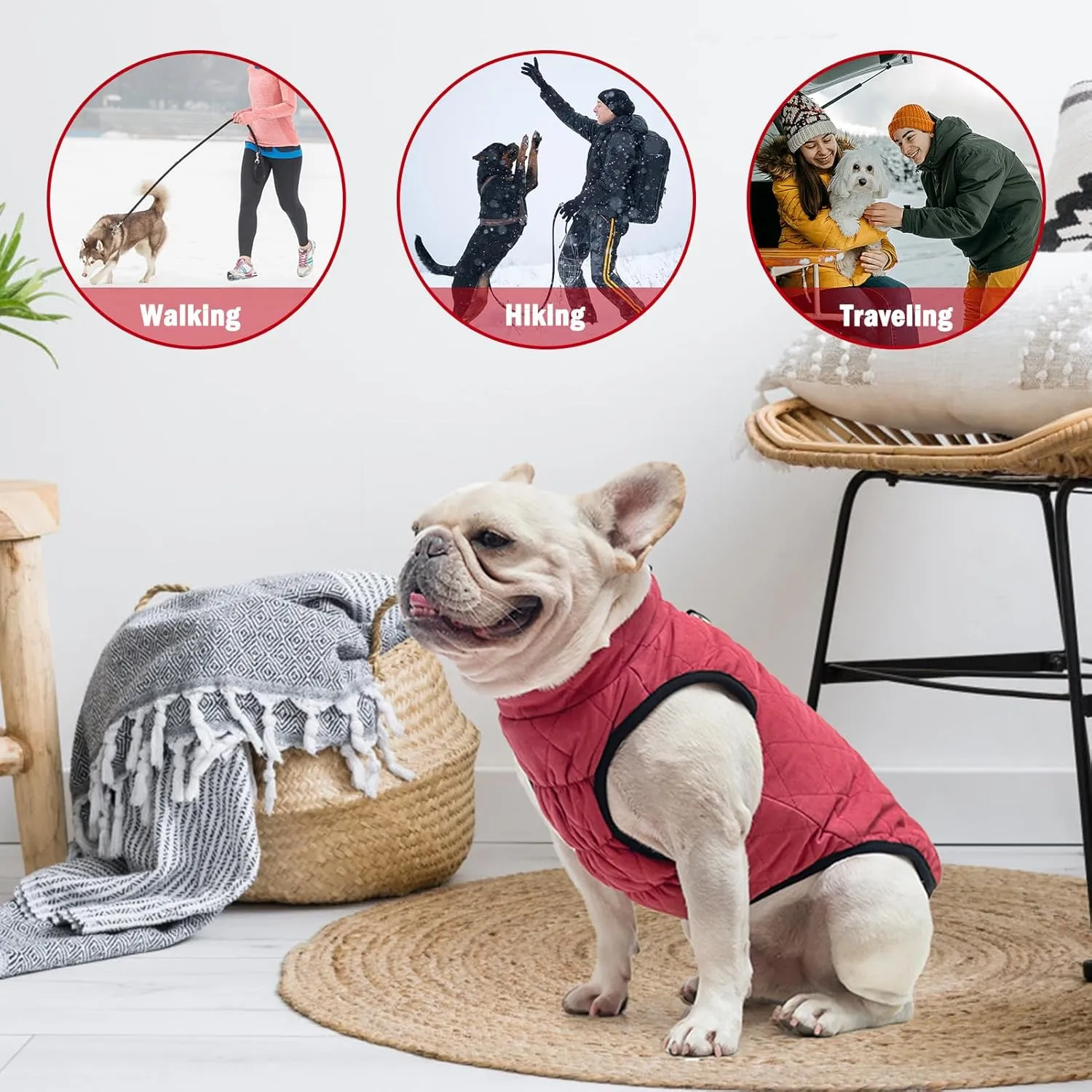 SCENEREAL Winter Dog Vest Coat with Harness Built In, Warm Puppy Jacket for Small Medium Dogs, Cold Weather Coat with Zipper, Fleece Puffer Vest Windproof Snow Clothes