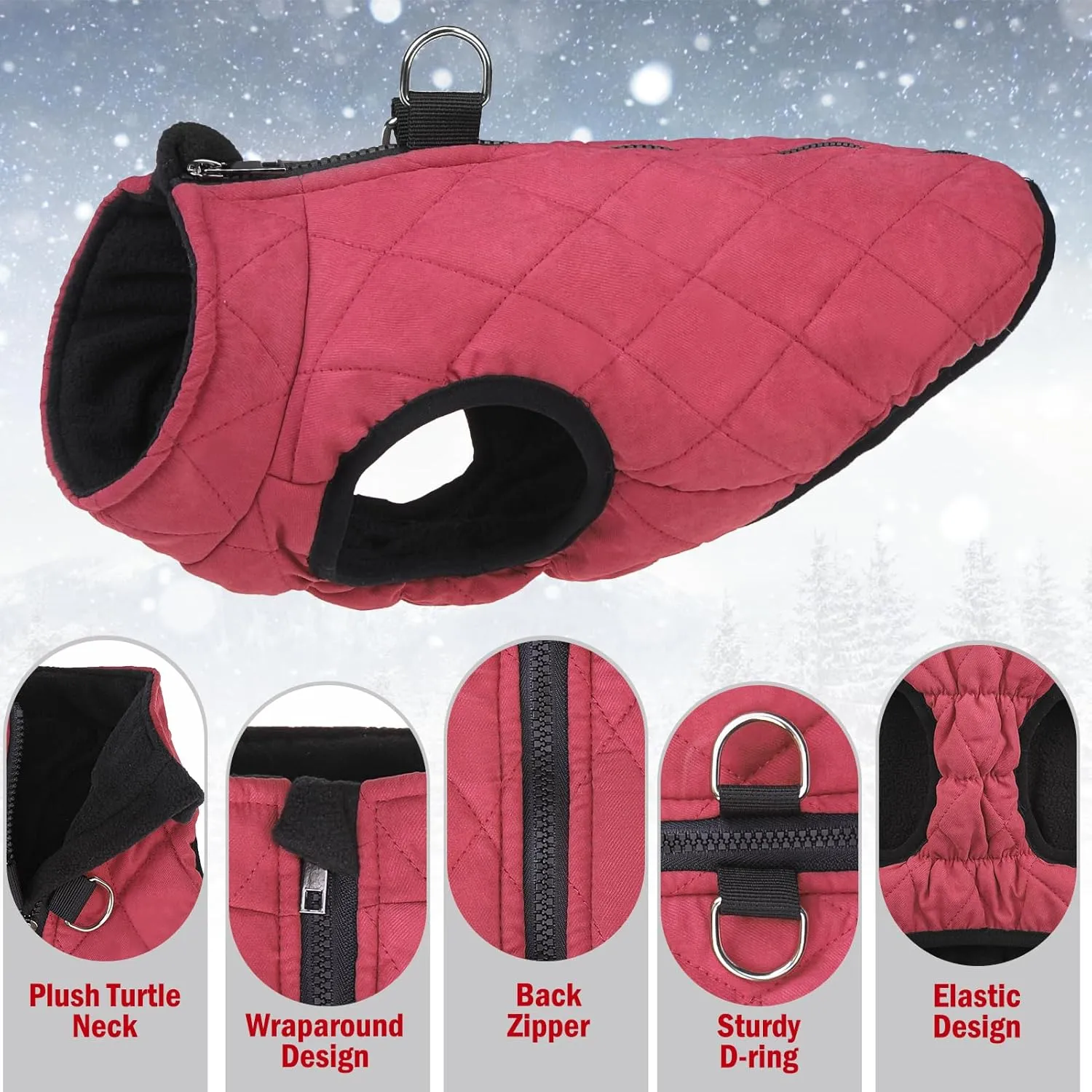 SCENEREAL Winter Dog Vest Coat with Harness Built In, Warm Puppy Jacket for Small Medium Dogs, Cold Weather Coat with Zipper, Fleece Puffer Vest Windproof Snow Clothes
