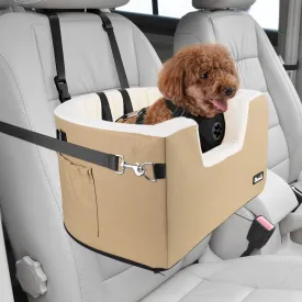 SlowTon Dog Car Seat for Small Dog, Elevated Booster Seat with Cushion and Safety Belt, Cover Removable Washable, Supports Pets Up to 18lbs(Brown)