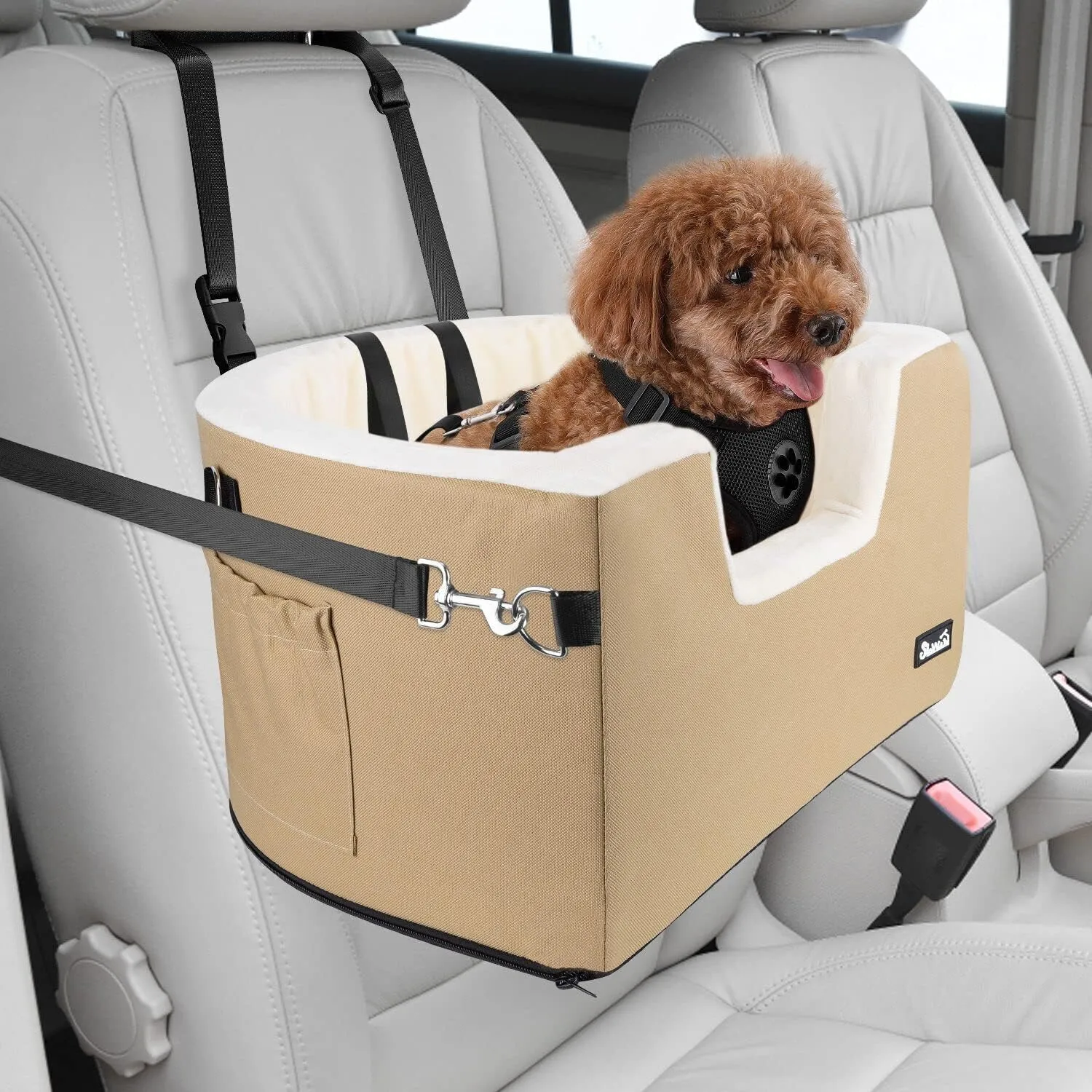 SlowTon Dog Car Seat for Small Dog, Elevated Booster Seat with Cushion and Safety Belt, Cover Removable Washable, Supports Pets Up to 18lbs(Brown)