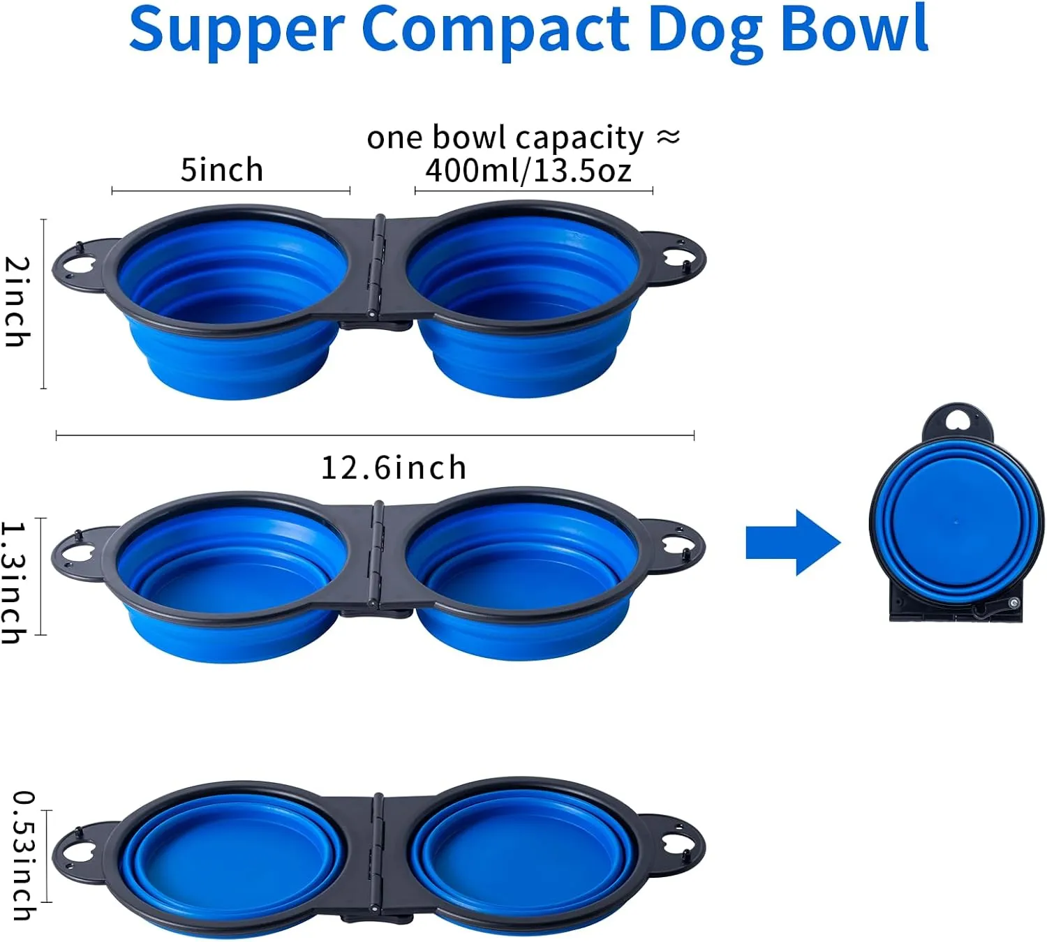 SLSON Collapsible Dog Dual Bowls Reinforced Rim 180 Degrees Flip Over Foldable Double Bowl with Lock Clips More Stable Dog Travel Bowls Pet Food Water Feeder (Blue)