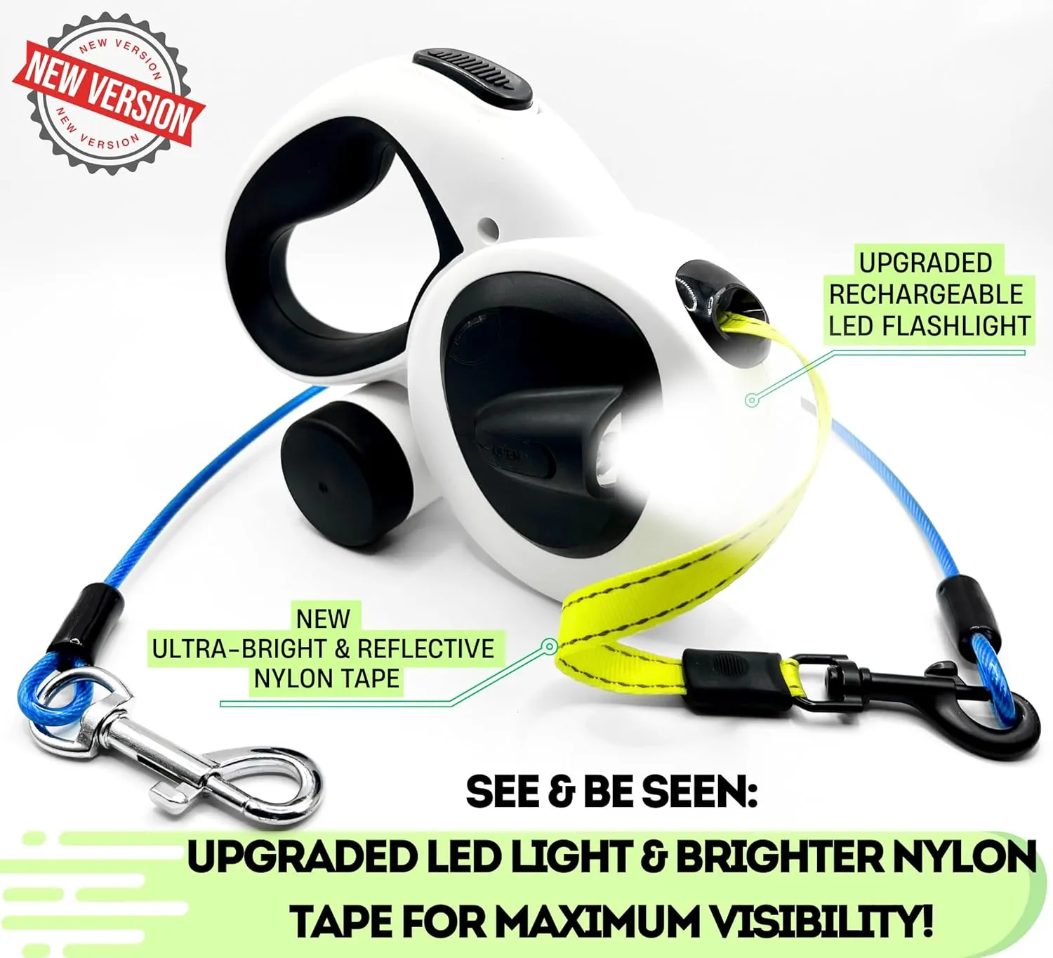 Snuggle Paws All-in-One 16ft Retractable Dog Leash  LED Light, Poop Bag Holder, Chew-Proof Cable, Reflective Tape, No-Tangle System  Heavy Duty Extendable Leash for Large Dogs up to 110 lbs