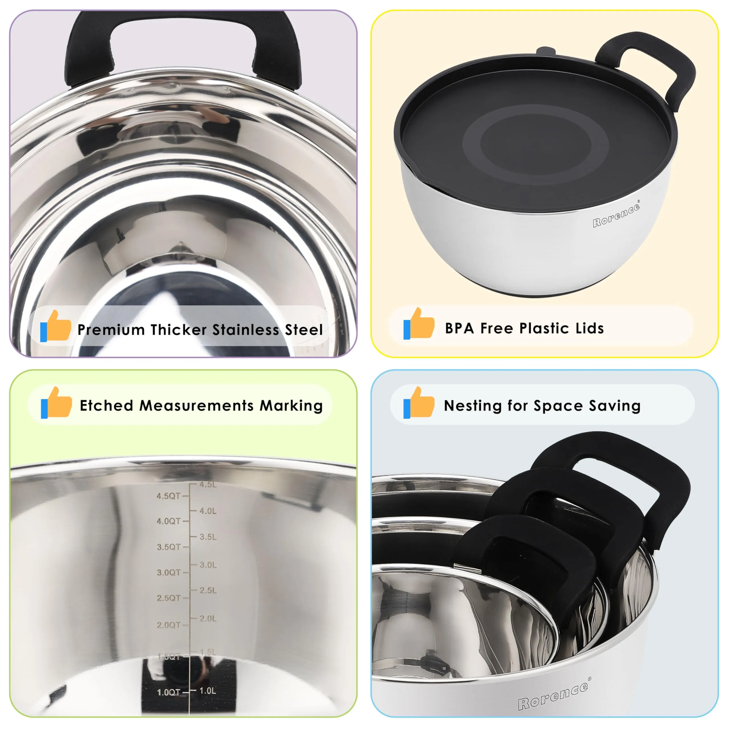 Stainless Steel Bowls with Lids Set Mixing Bowls with Pour Spout, Silicone Handle