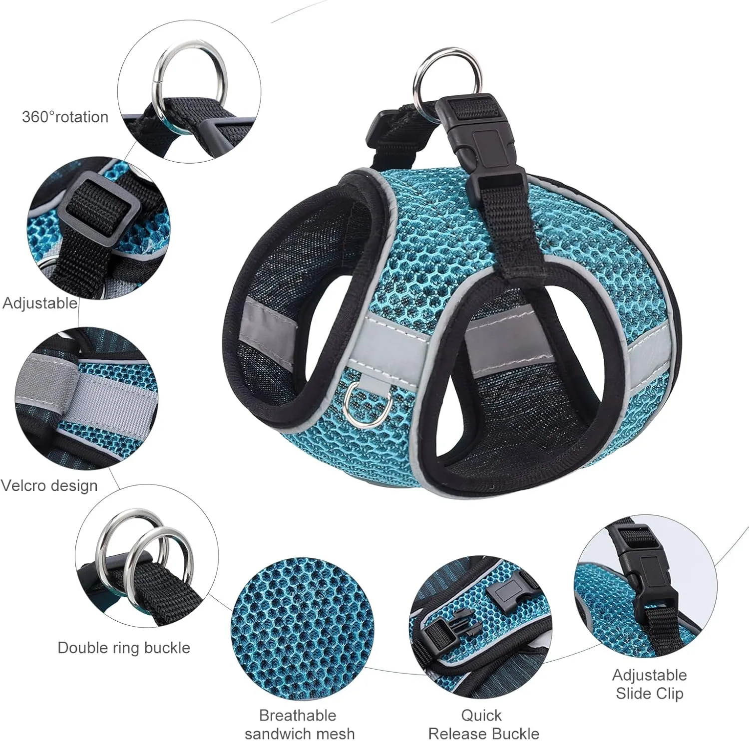 Step-in Air Dog Harness, Cat Harness and Leash, Reflective Vest Harnesses, Adjustable Kitten Harness for Large Small Cats Dogs, Lake Blue XS