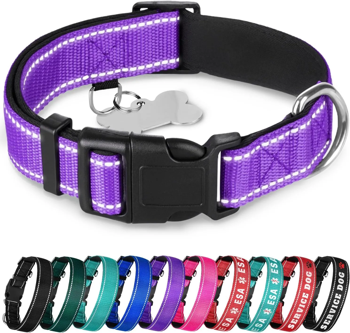 TECEUM Reflective Dog Collar  Purple  S  Extra Soft Padding  Basic Nylon Pet Collar  Quick Release Buckle  Fits Small, Medium and Large Dogs, Puppies, Cats  ESA & Service Dog Options