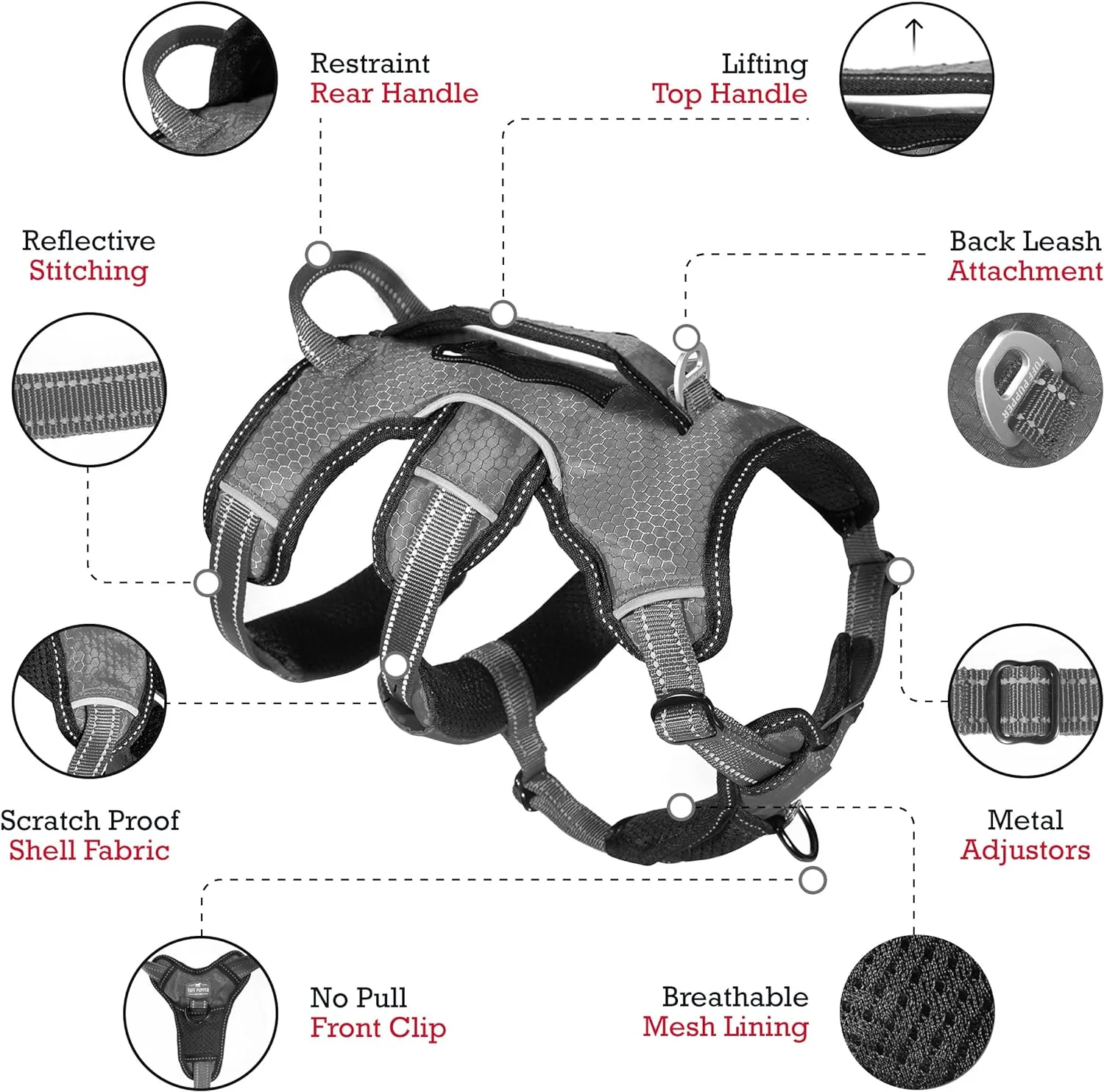 Tuff Pupper Escape Proof No Escape Dog Harness | 5 Point Adjustable Fit Harness for Dogs | Padded Dog Harnesses | Handle Dog Lift Harnesses